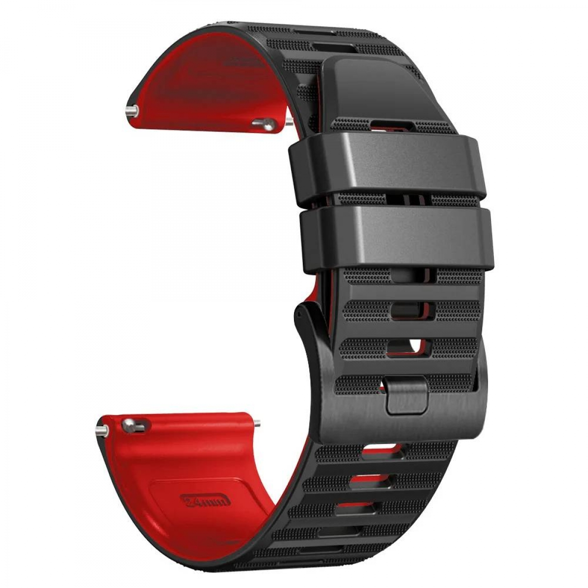 Ein Uhrenarmband mit schwarzen und roten Farben und einer schwarzen Schnalle. Das Armband ist in einer Schleife.