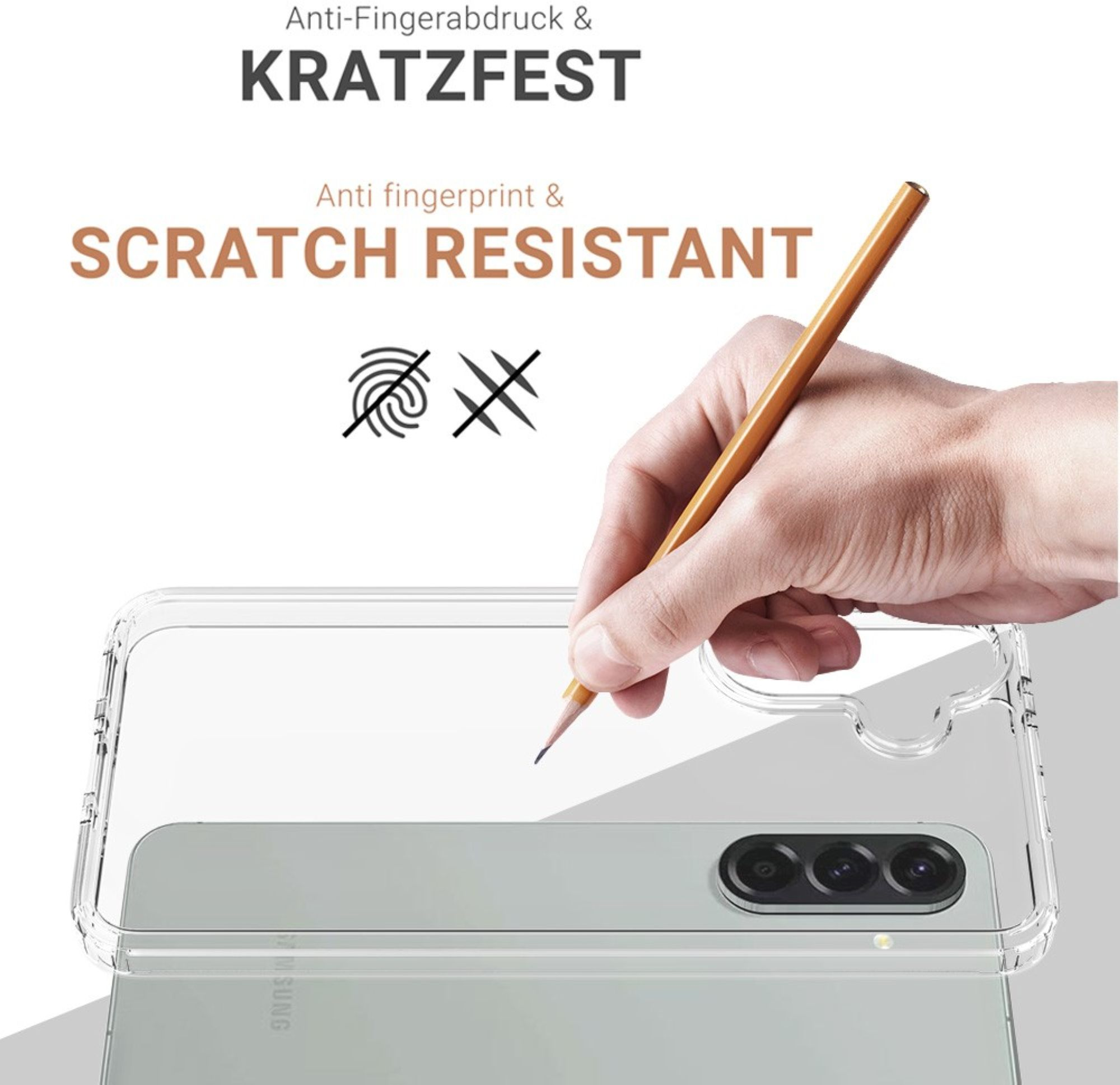 Une main tient un crayon sur une coque de téléphone. Texte : 'Anti-Fingerabdruck & Kratzfest' et 'Scratch Resistant'.