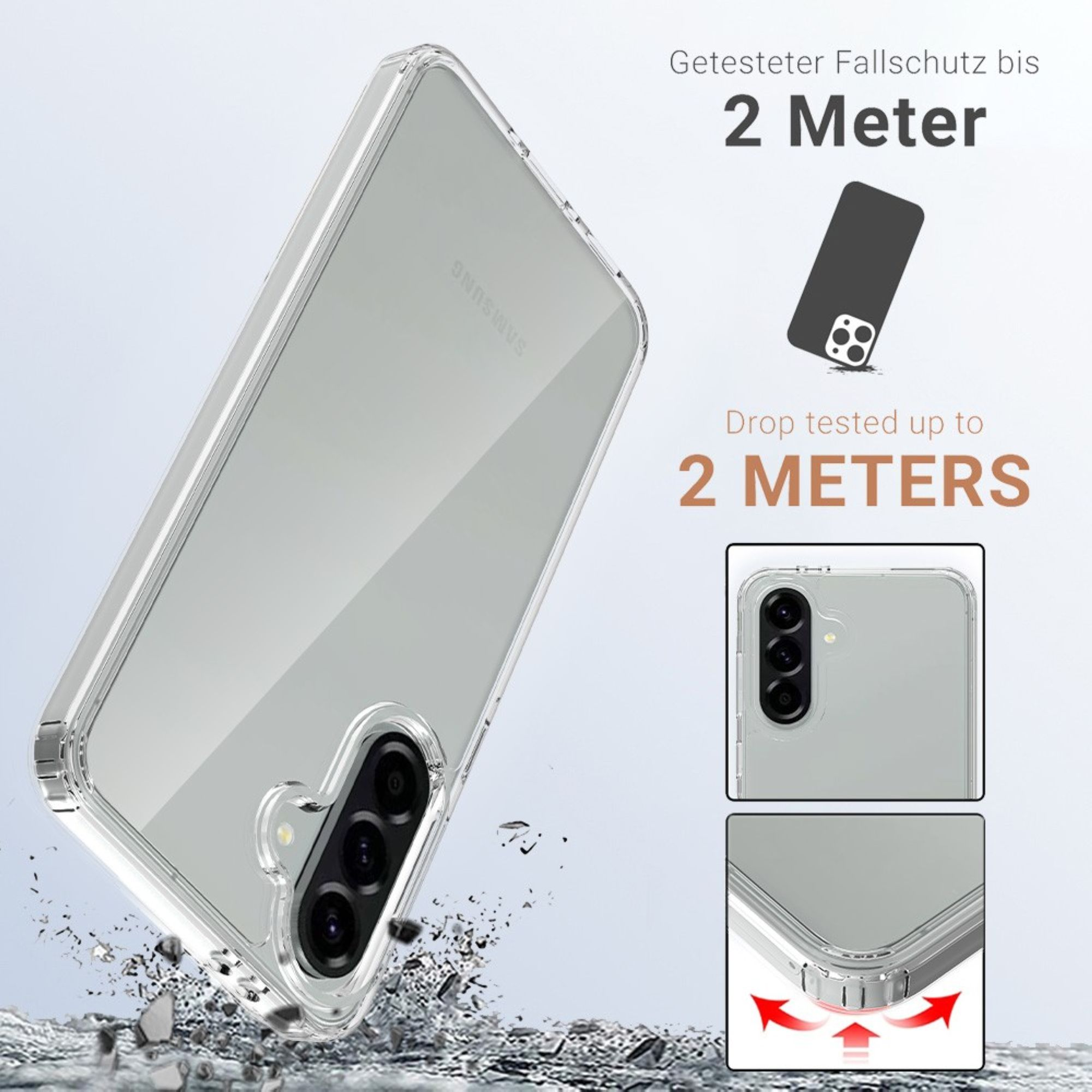 Coque de téléphone transparente, avec texte sur la protection contre les chutes de 2 mètres.