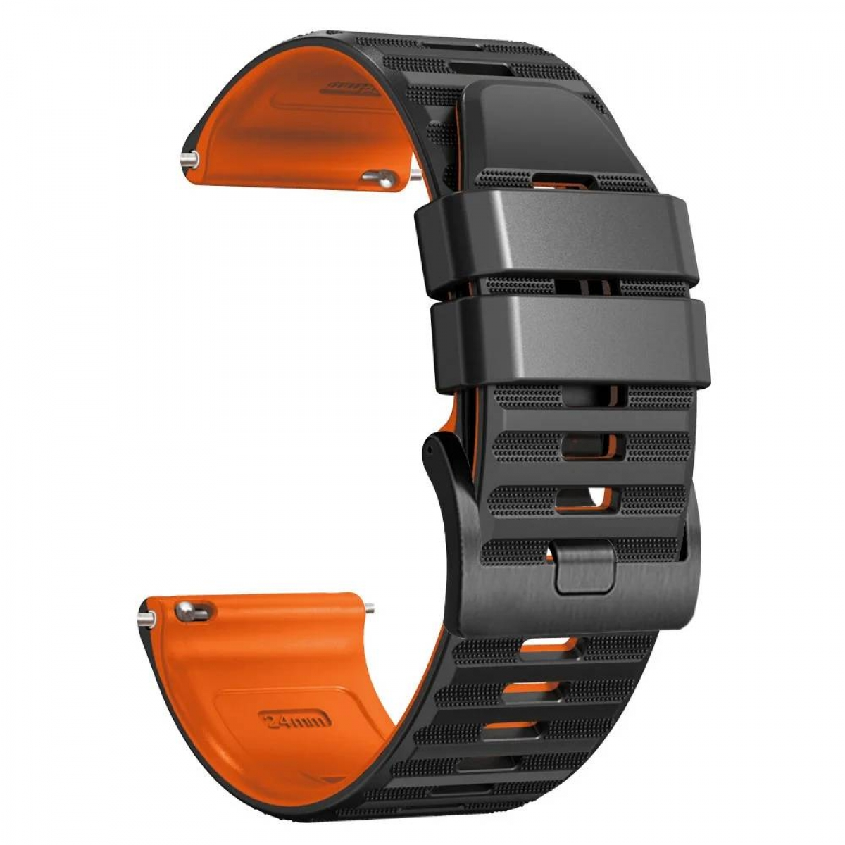 Ein Uhrenarmband mit schwarzen und orangenen Farben und einer schwarzen Schnalle. Das Armband ist in einer Schleife.