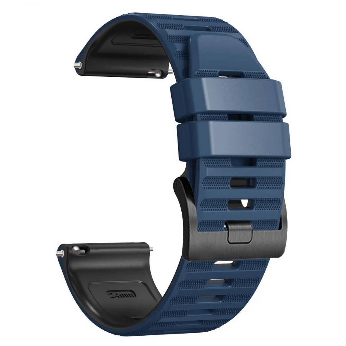 Ein blaues Uhrenarmband mit schwarzen Akzenten und einer Schnalle. Das Armband ist in einer Schleife.