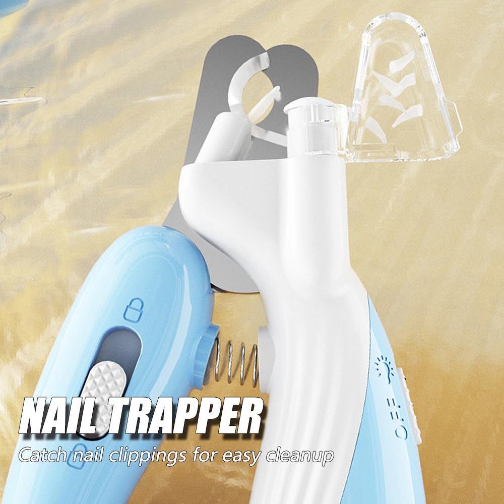 Blau-weißer Nagelknipser mit Nagelauffänger. Der Text 'NAIL TRAPPER' ist ebenfalls sichtbar.