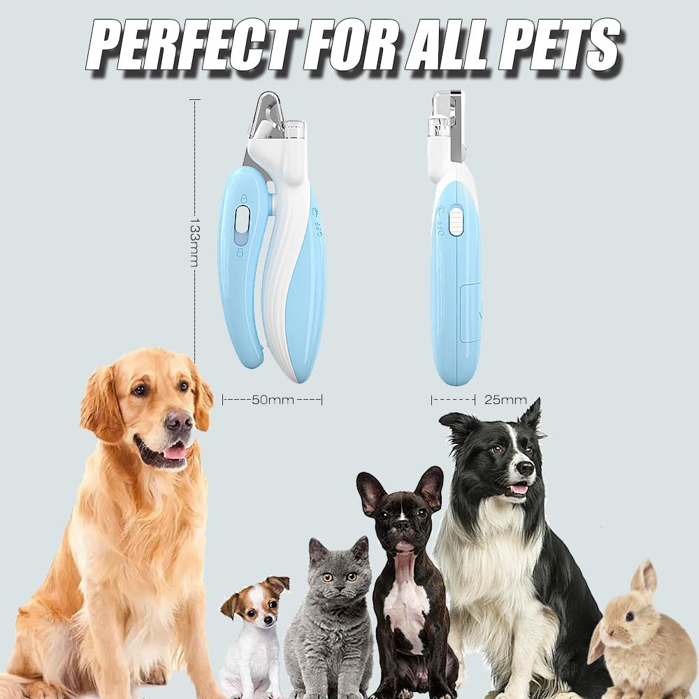 Krallenschneider für Haustiere mit Hunden und Katzen. Die Clipper sind blau und weiß. Hunde sind Golden Retriever, Welpe und Border Collie.