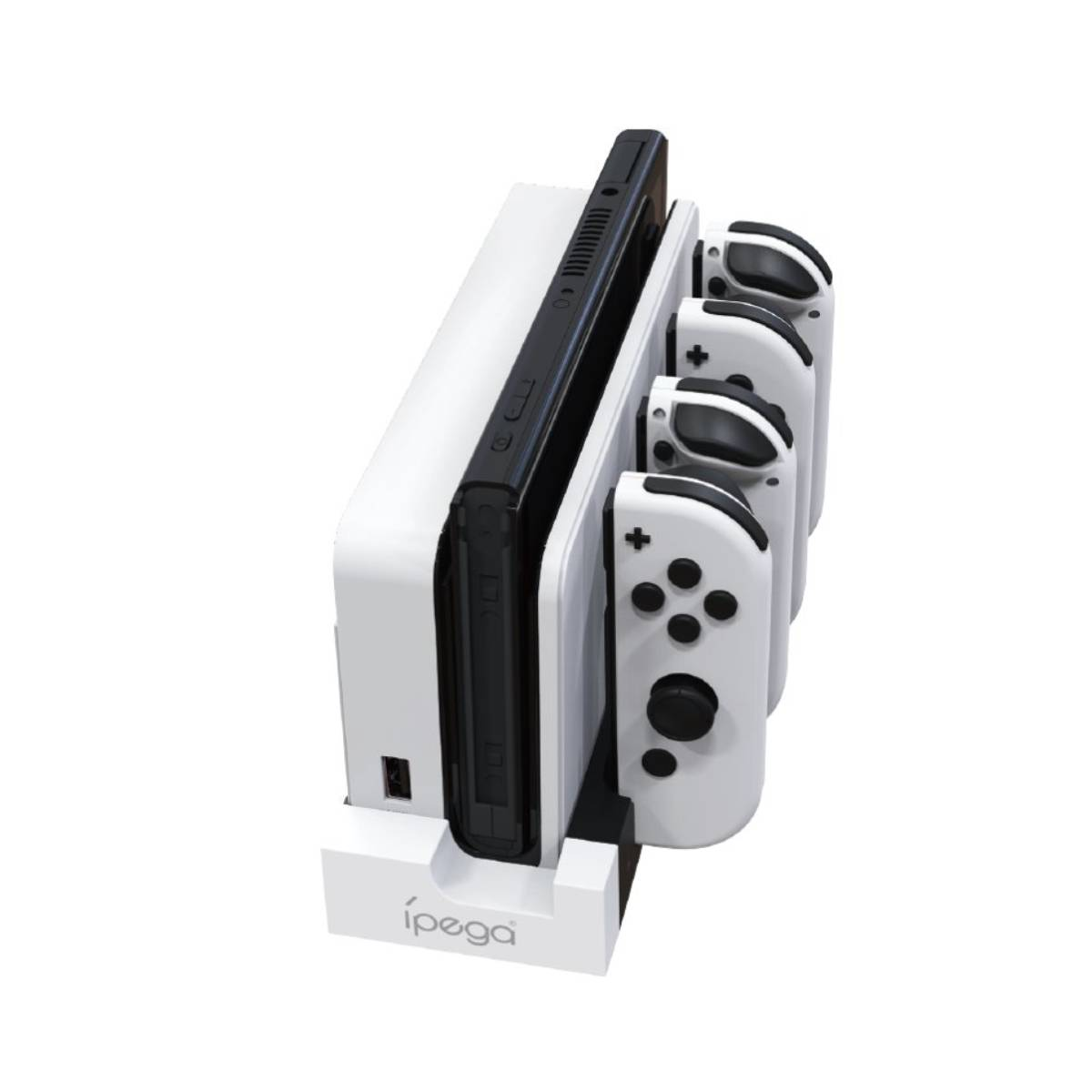 Weiße Dockingstation mit Nintendo Switch und Joy-Con-Controllern.