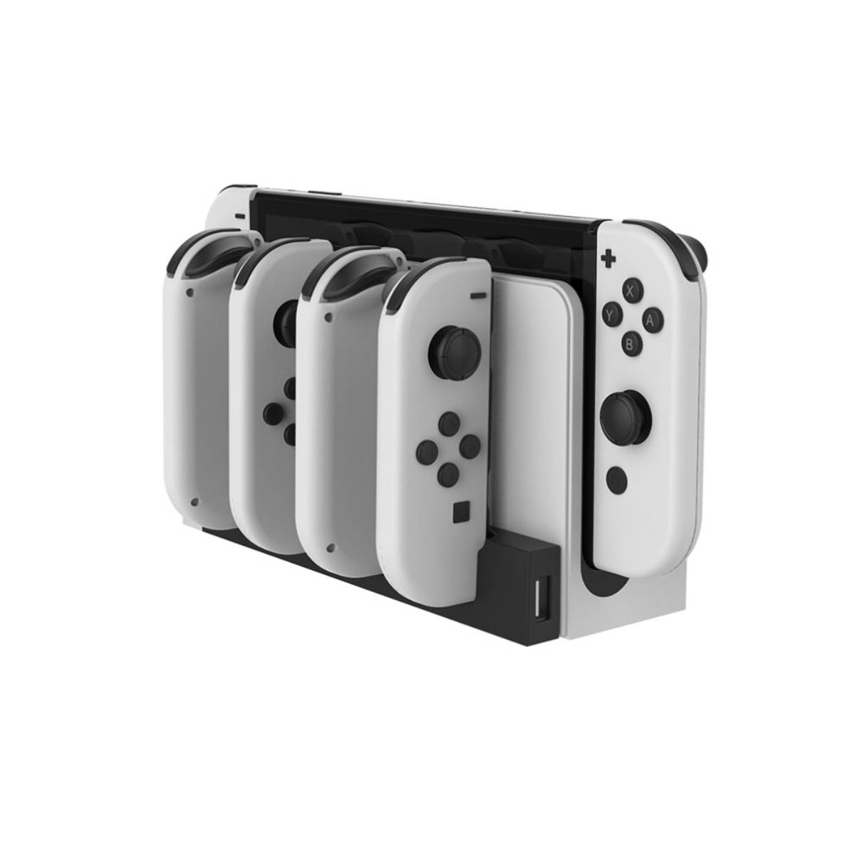 Weiße Dockingstation mit Nintendo Switch und Joy-Con-Controllern.