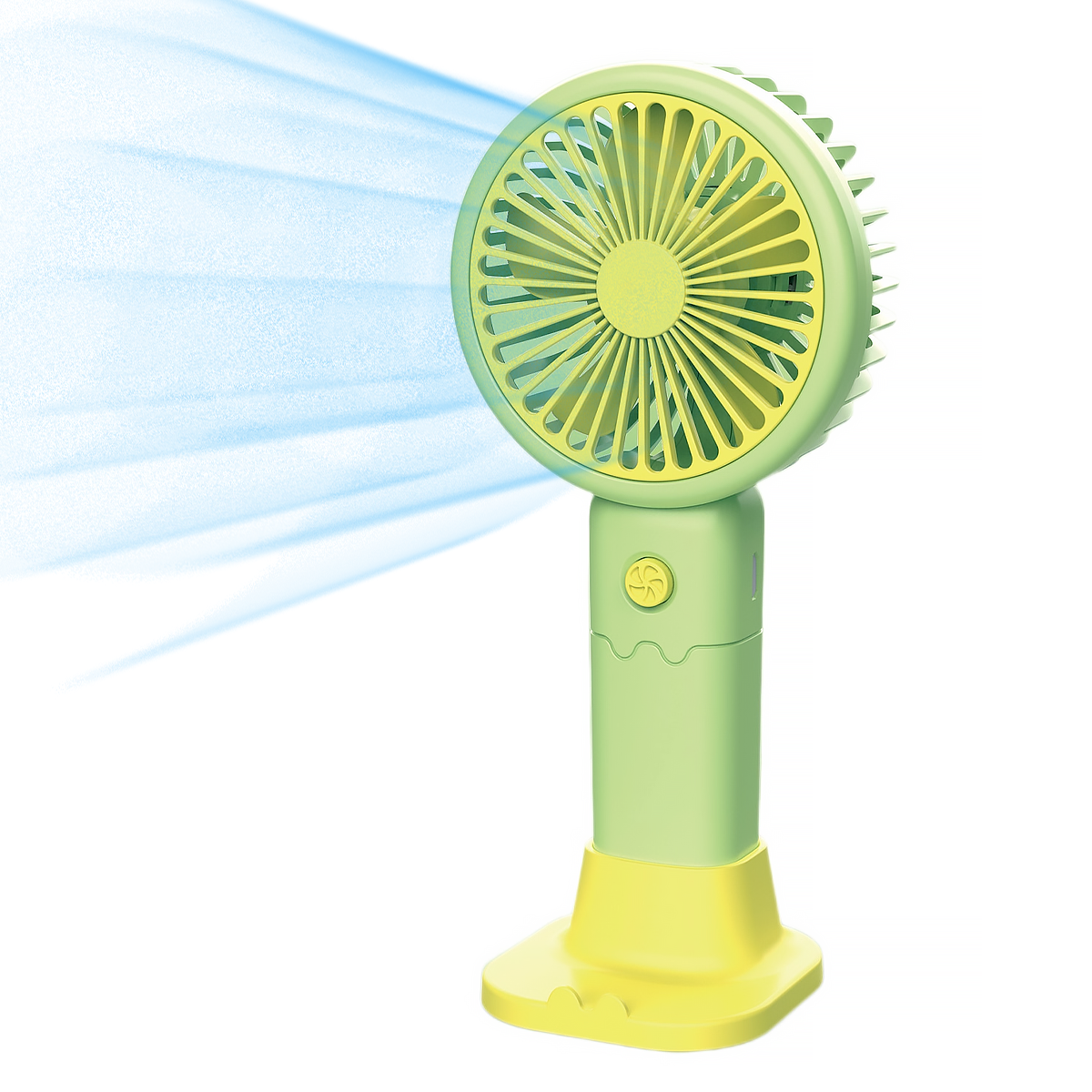 Ein grün-gelber Handventilator, der blaue Luft ausbläst.