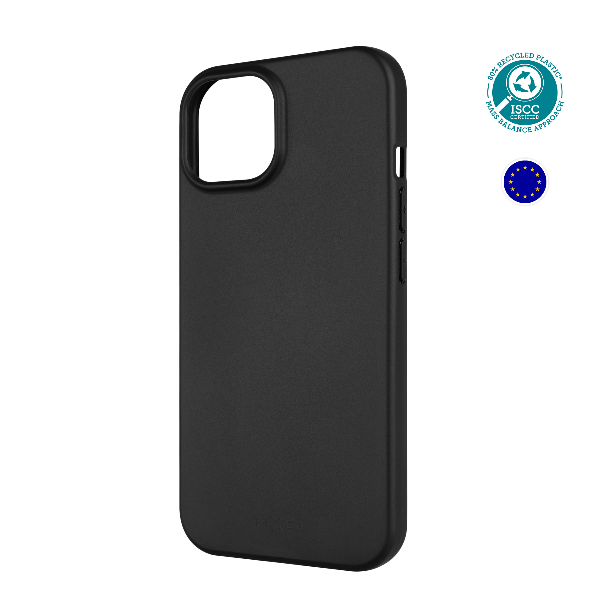 Schwarze Handyhülle. Symbol mit Text zeigt 80 % recycelten Kunststoff.