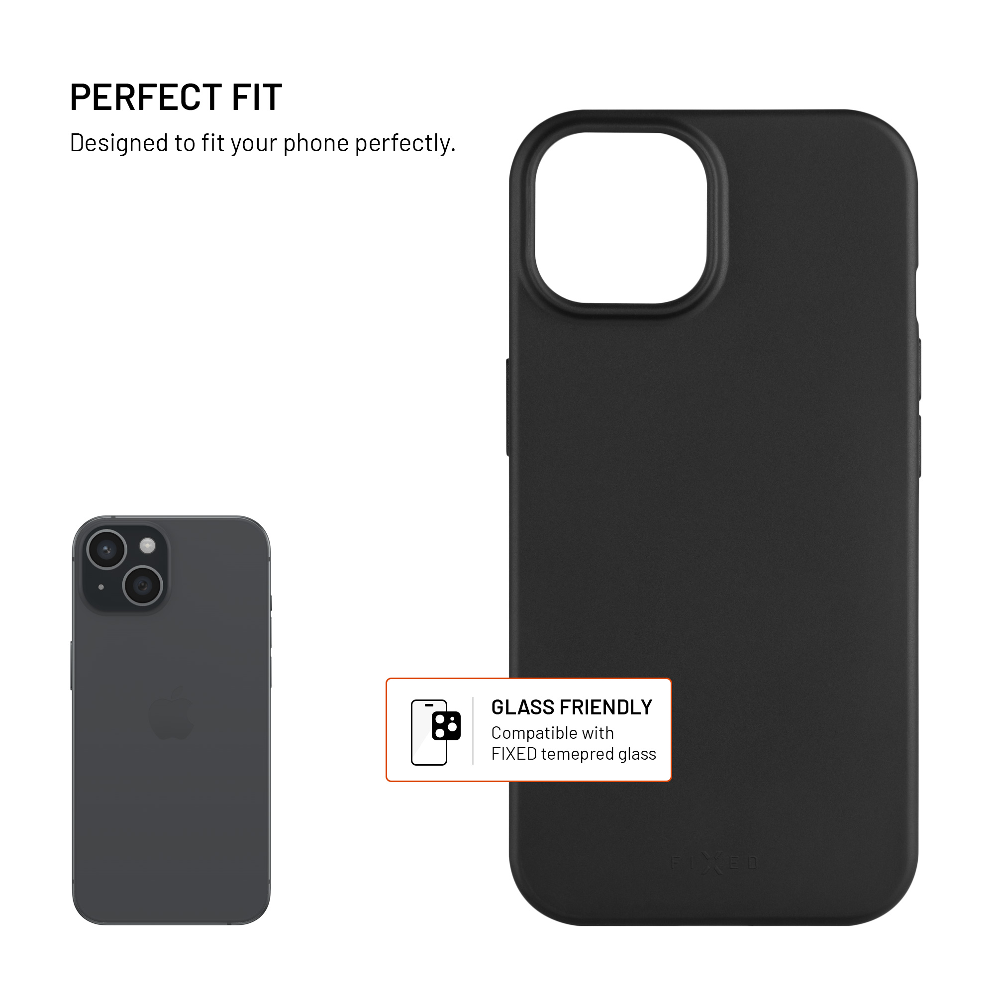 Schwarze Handyhülle neben einem Telefon. Text: 'Perfekte Passform'.