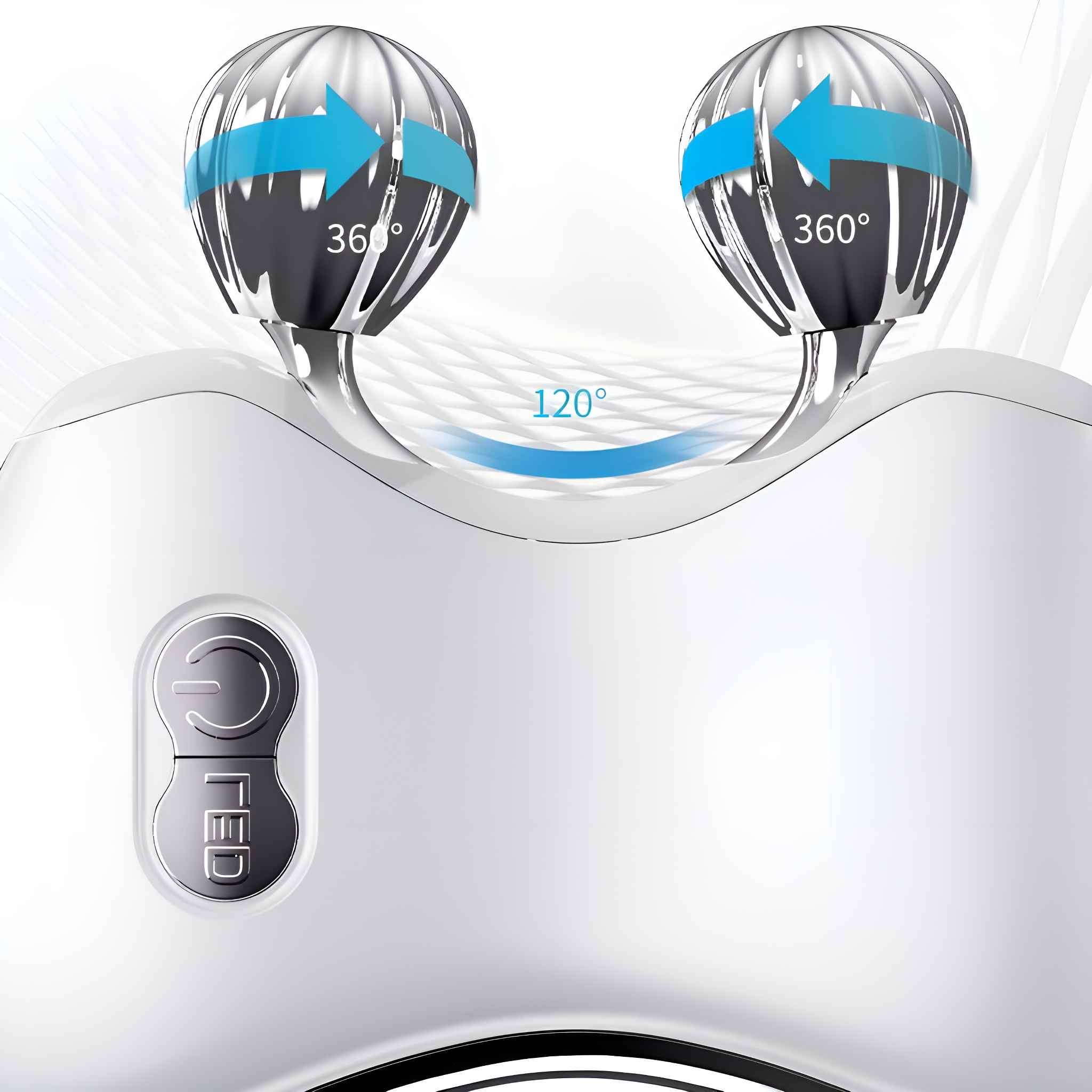 Weißes Gesichtsmassagegerät mit zwei silbernen Kugeln, Pfeile zeigen 360 Grad und 120 Grad an.