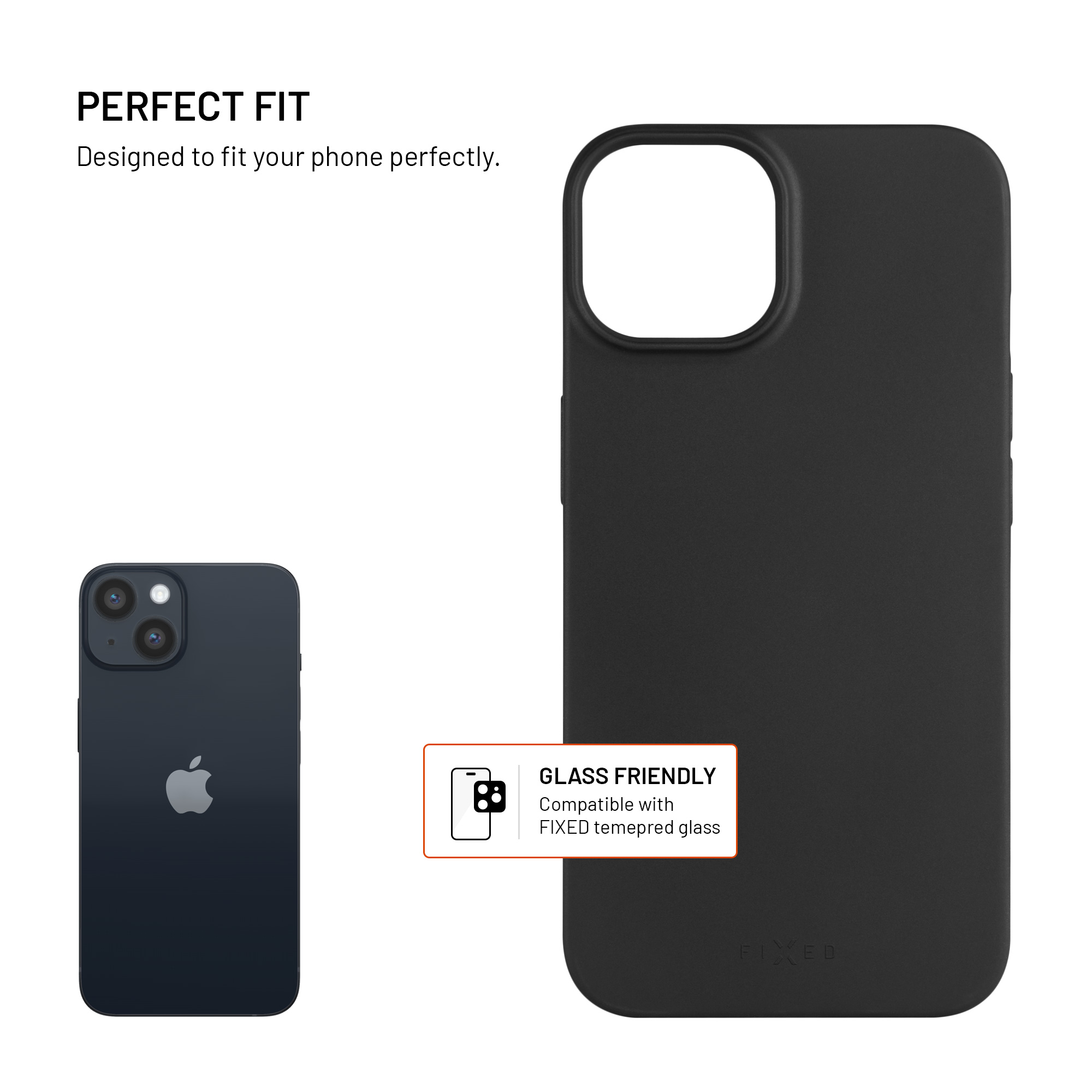 Schwarze Handyhülle neben einem dunkelblauen Telefon. Die Hülle hat einen Ausschnitt für die Kamera. Text: 'GLASS FRIENDLY'.