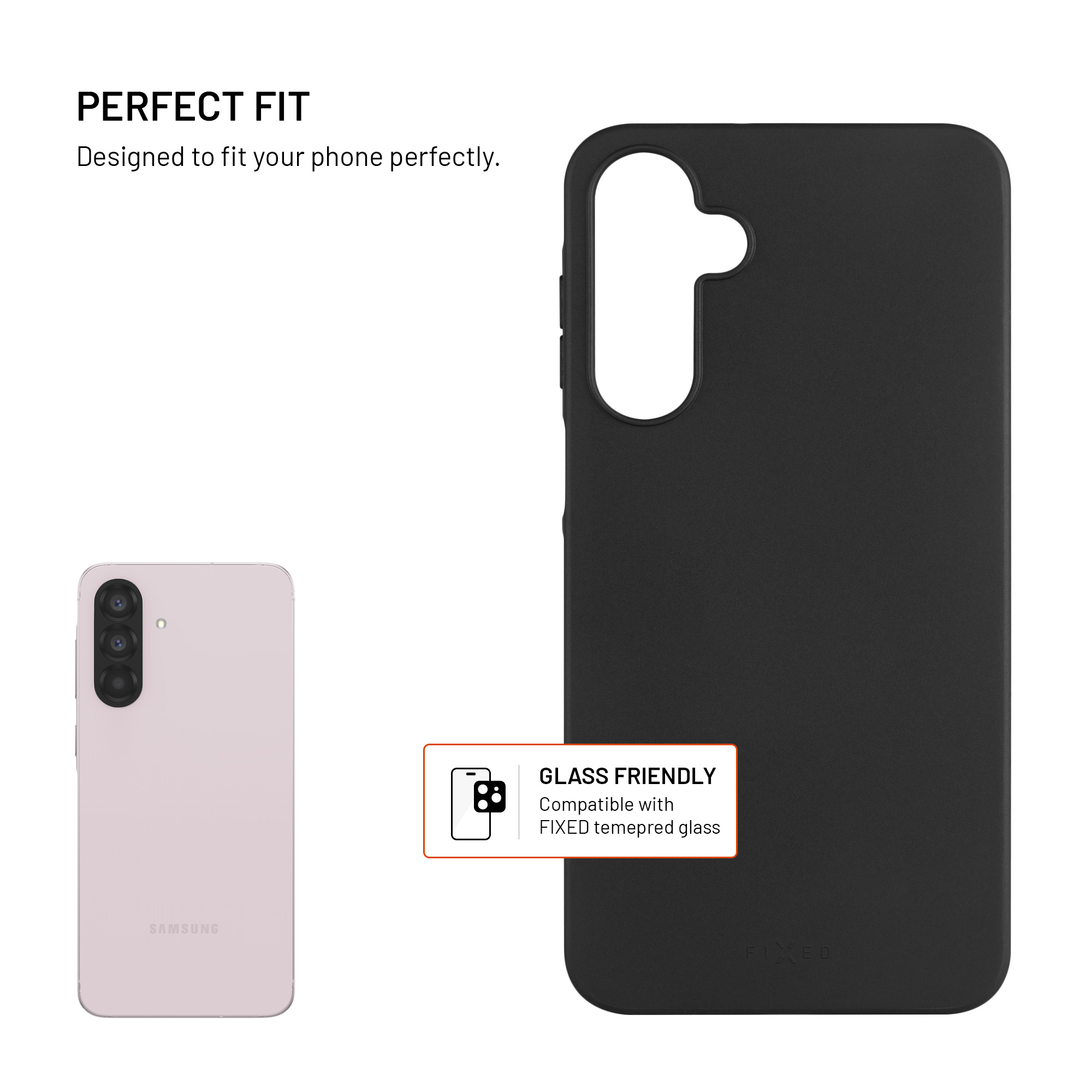 Eine schwarze Handyhülle neben einem rosa Telefon. Die Hülle ist mit gehärtetem Glas kompatibel.