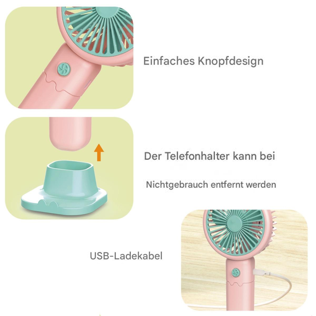 Diagramm eines rosa Handventilators. Es hat einen abnehmbaren Sockel und ein USB-Ladekabel.