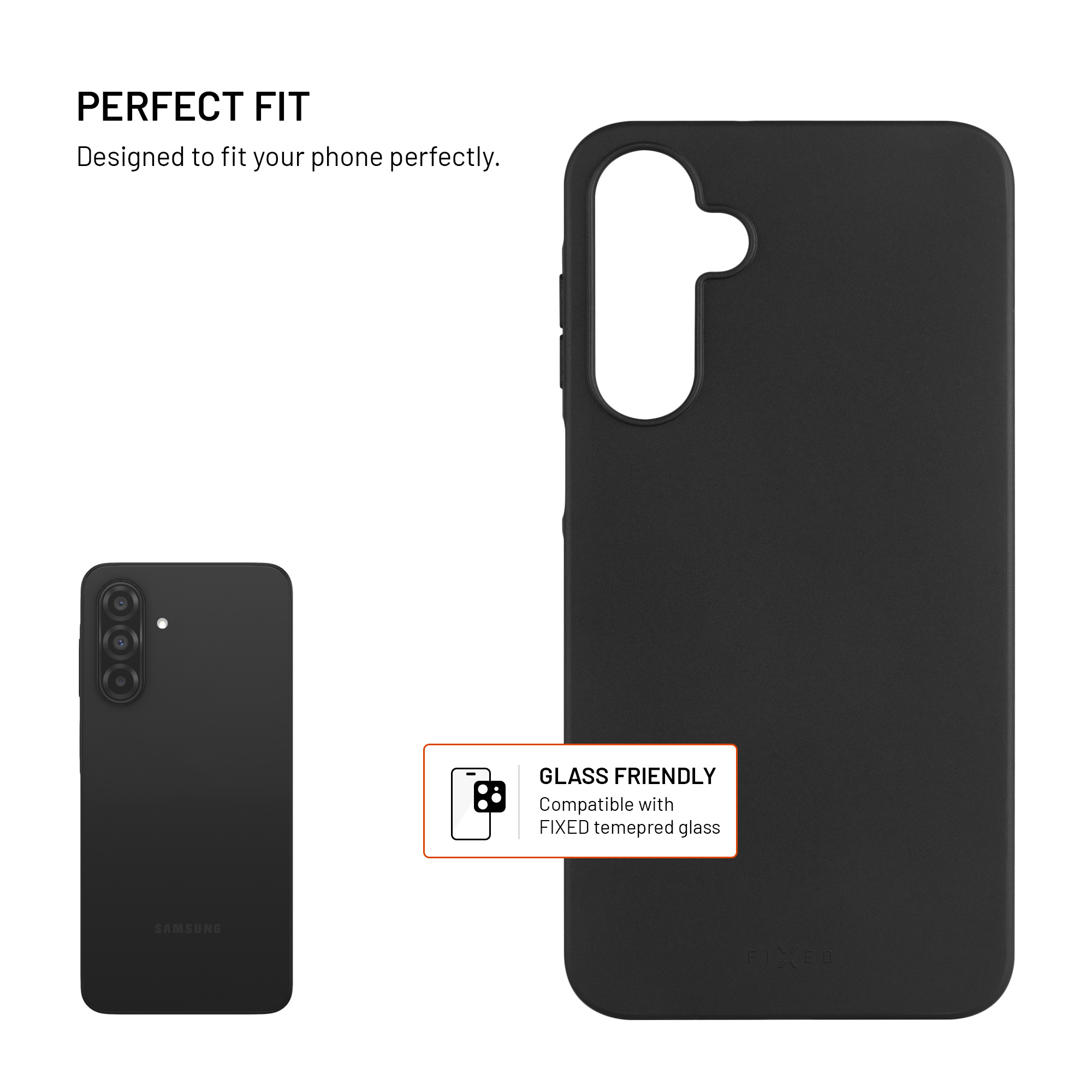 Schwarze Handyhülle neben einem schwarzen Telefon. Die Hülle hat einen Ausschnitt für die Kamera. Text: 'GLASS FRIENDLY' auf weißer Box.