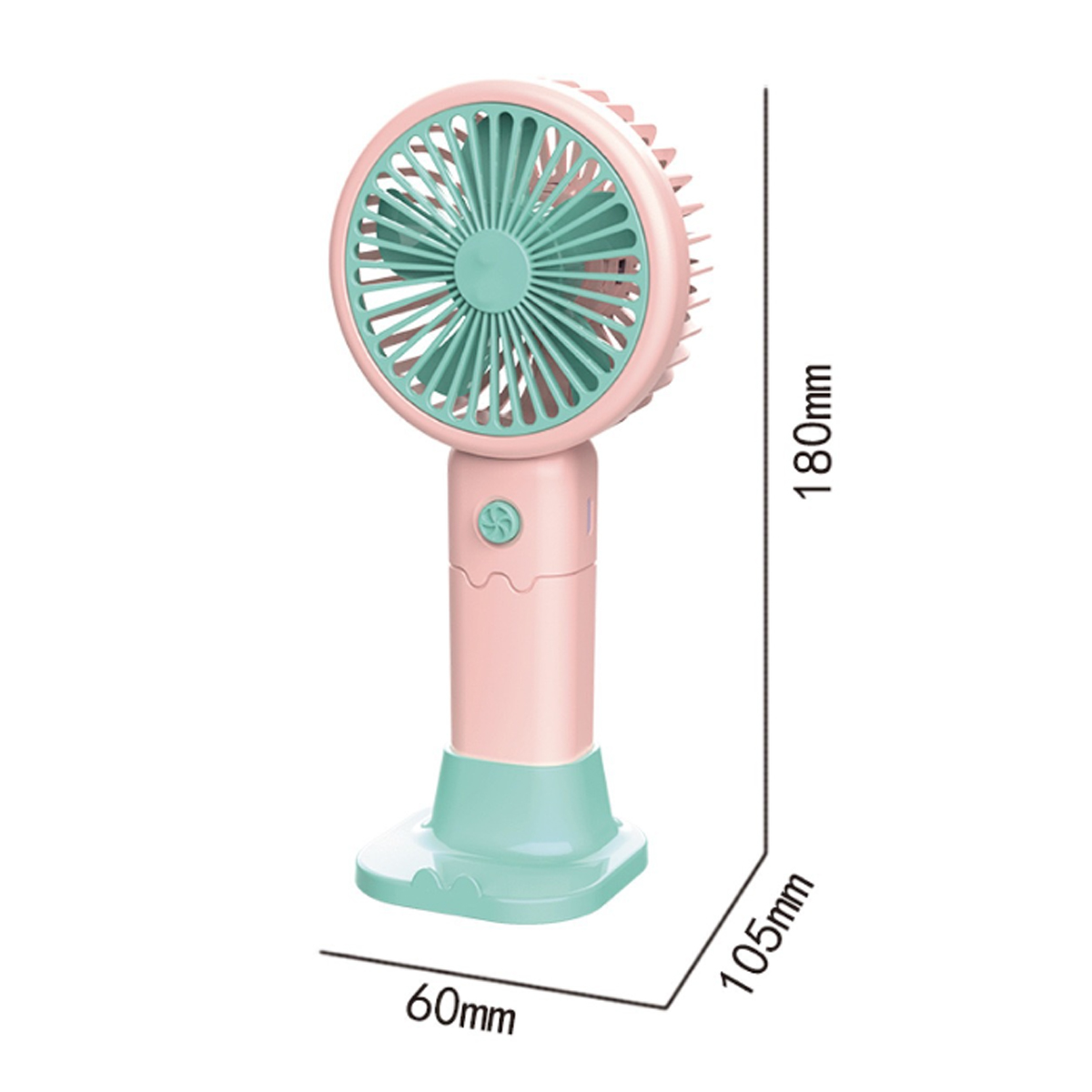 Ein rosa Handventilator. Es hat einen mintgrünen Ventilator und eine Basis mit Abmessungen.