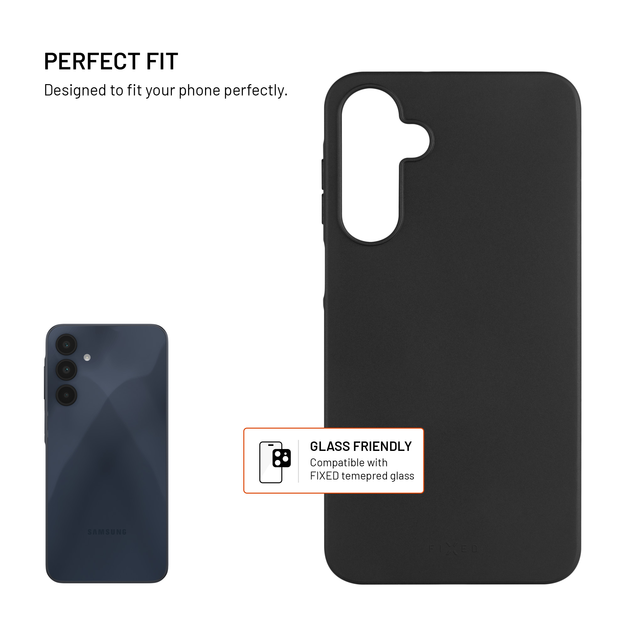 Eine schwarze Handyhülle neben einem blauen Telefon. Die Hülle trägt den Text 'GLASS FRIENDLY'.