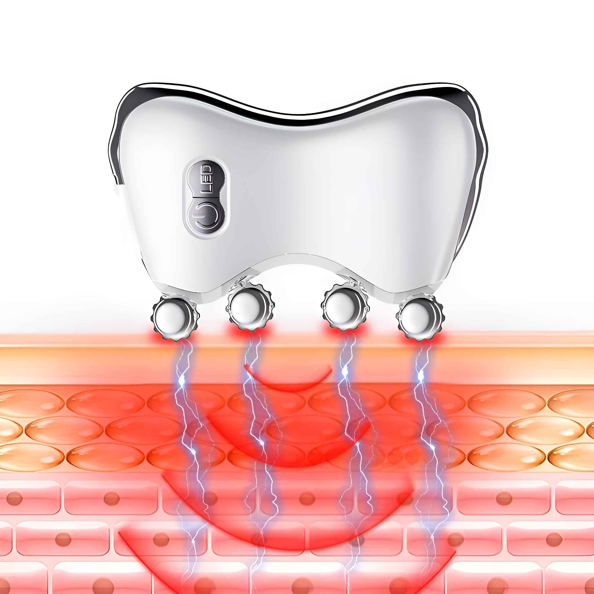 Ein weißes Gerät mit vier silbernen Rollen und einer LED-Taste. Es wird auf die Haut gelegt, mit visuellen Effekten.