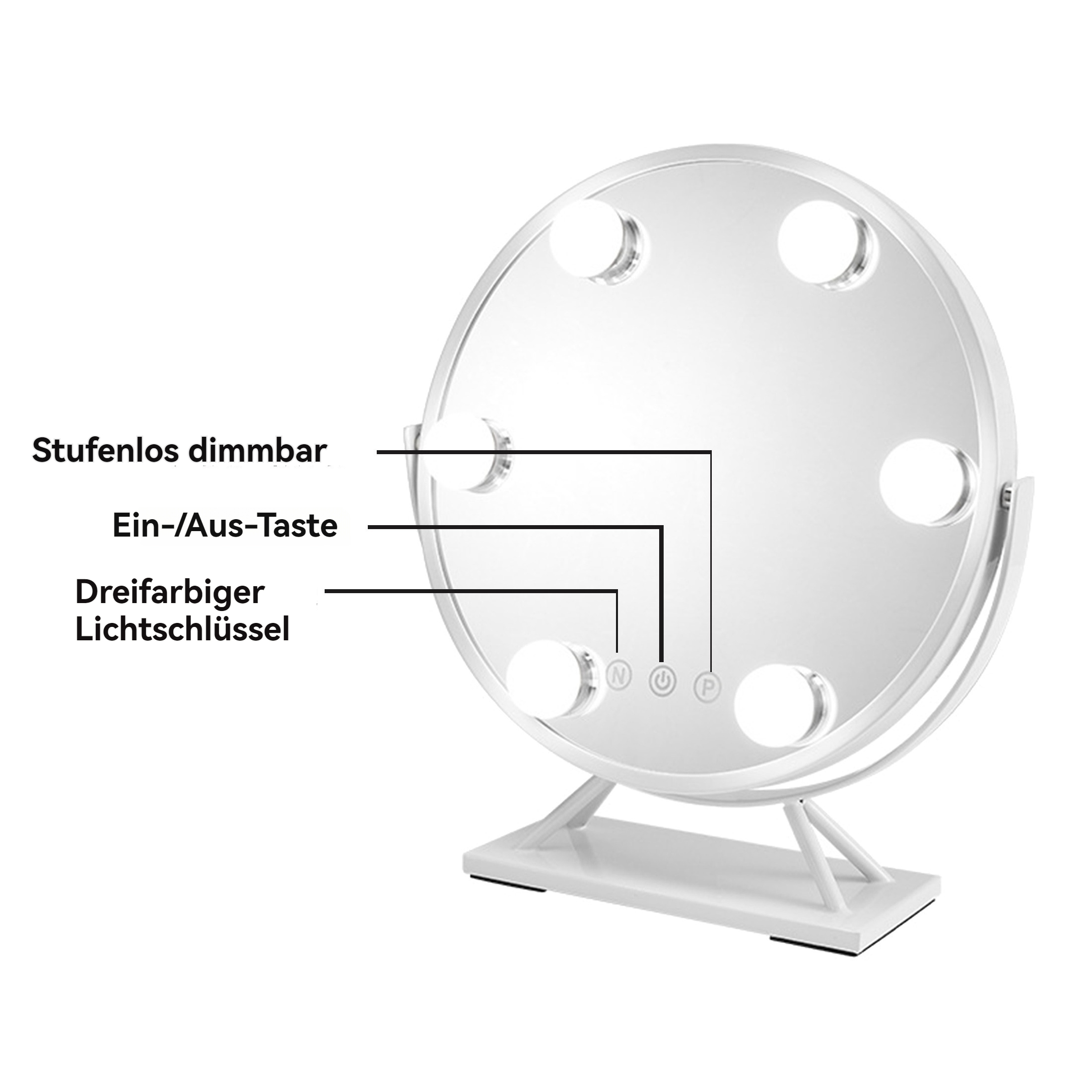 Ein weißer, runder Schminkspiegel mit Lichtern. Er hat Touch-Bedienelemente und steht auf einem weißen Sockel.