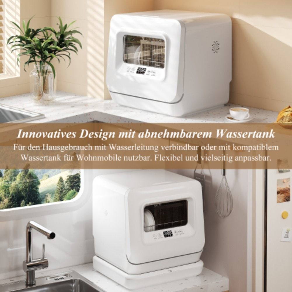 Ein weißer Geschirrspüler auf einer Theke. Es gibt zwei Bilder des Geschirrspülers. Text beschreibt Design und Wassertank.