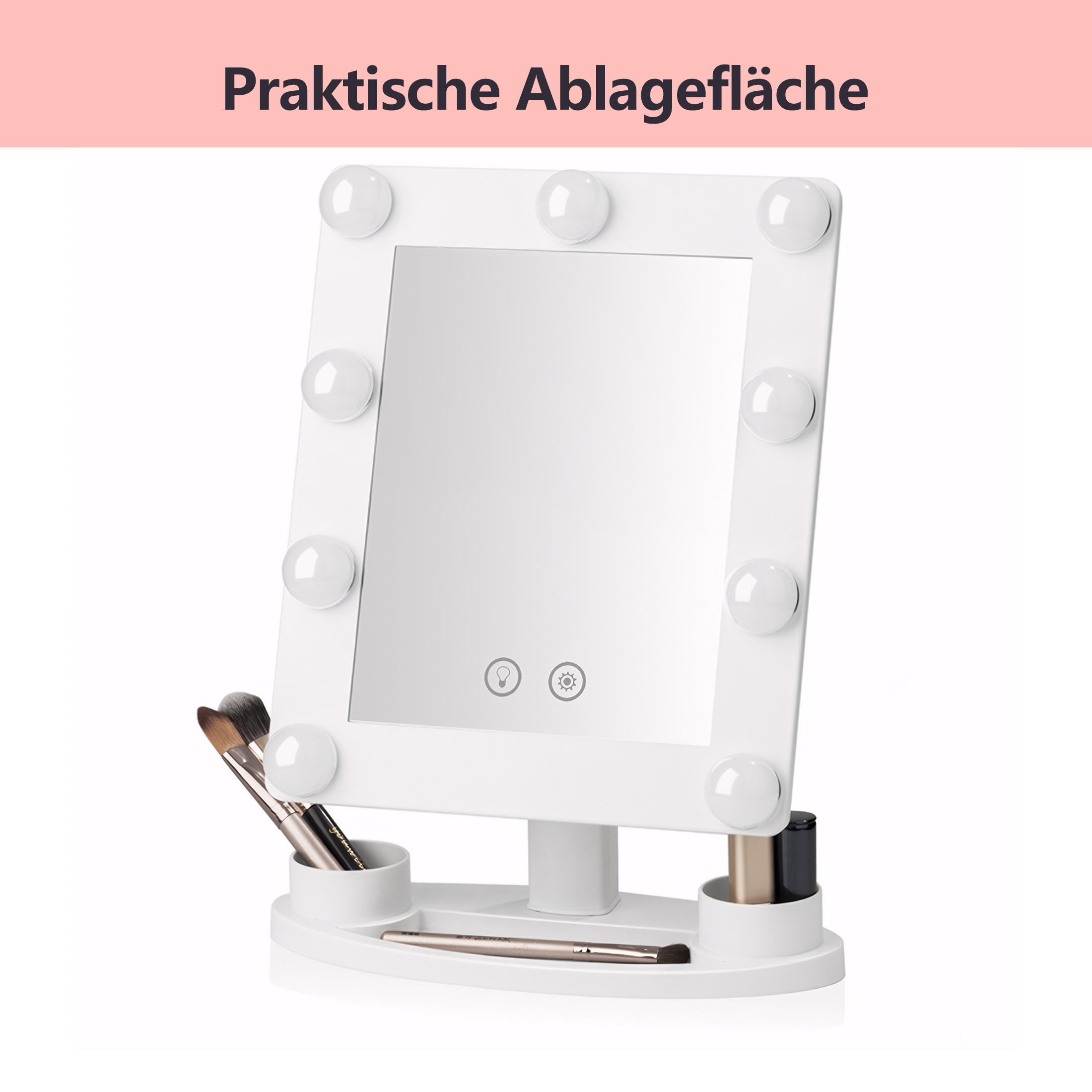 Ein weißer Schminkspiegel mit Lichtern und einem Sockel mit Ablage. Make-up-Pinsel und Lippenstift befinden sich im Sockel.