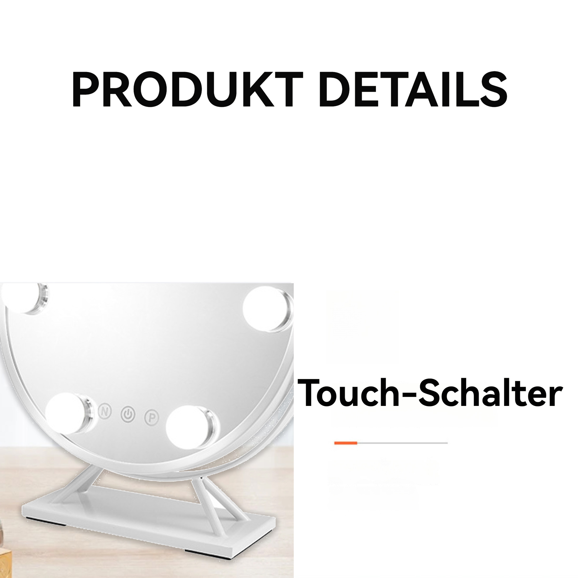 Ein weißer Schminkspiegel mit Lichtern. Er verfügt über einen Touch-Schalter und steht auf weißer Basis.