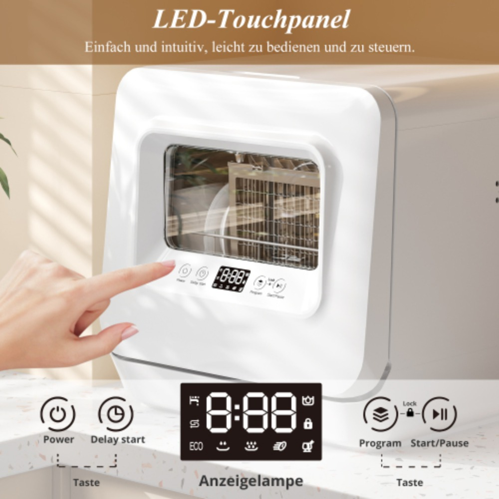 Ein weißer Geschirrspüler mit Touchpanel. Ein Finger berührt die Ein-/Aus-Taste. Text: 'LED-Touchpanel'.