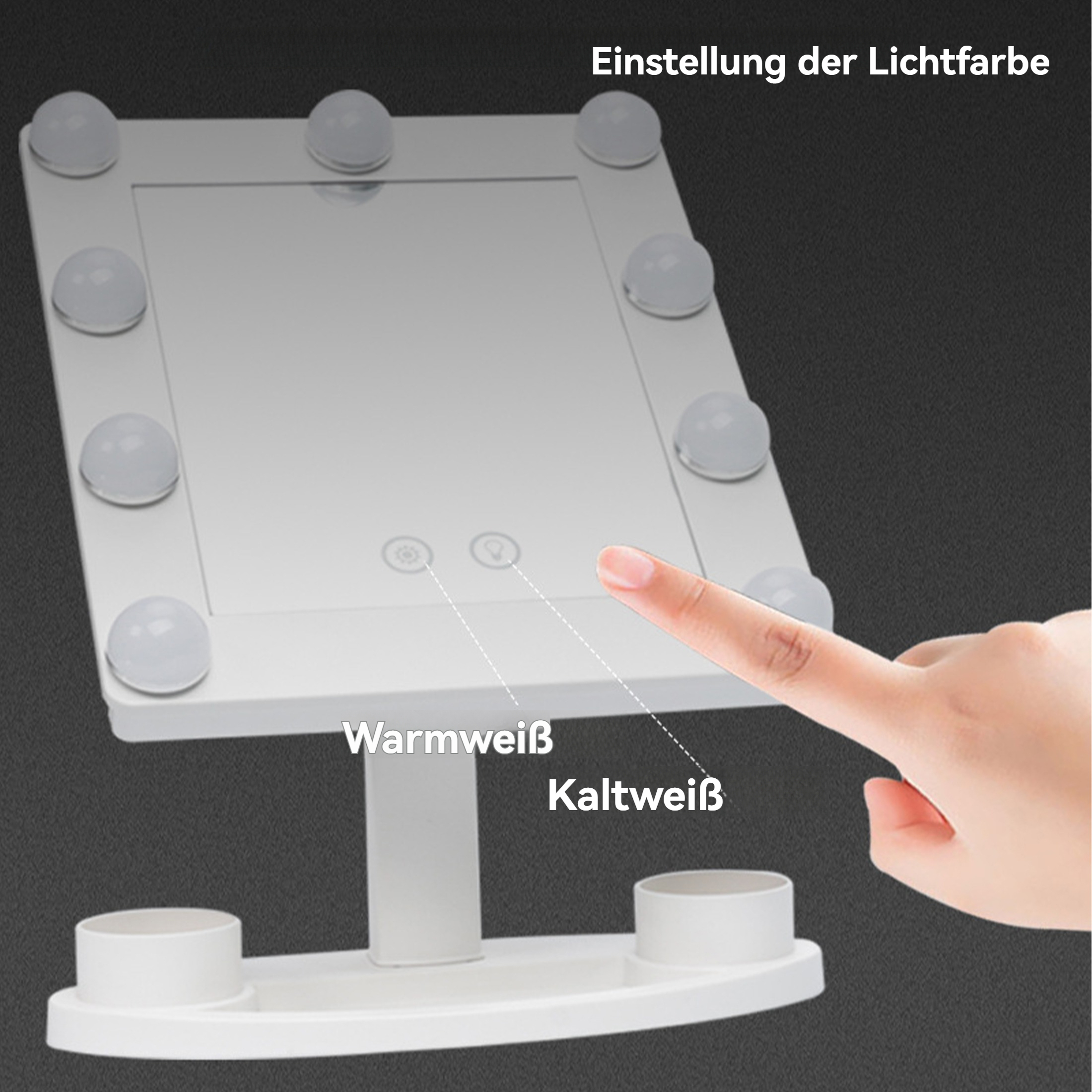 Ein weißer Schminkspiegel mit Lichtern. Eine Hand berührt die Knöpfe, um die Lichtfarbe zu ändern.