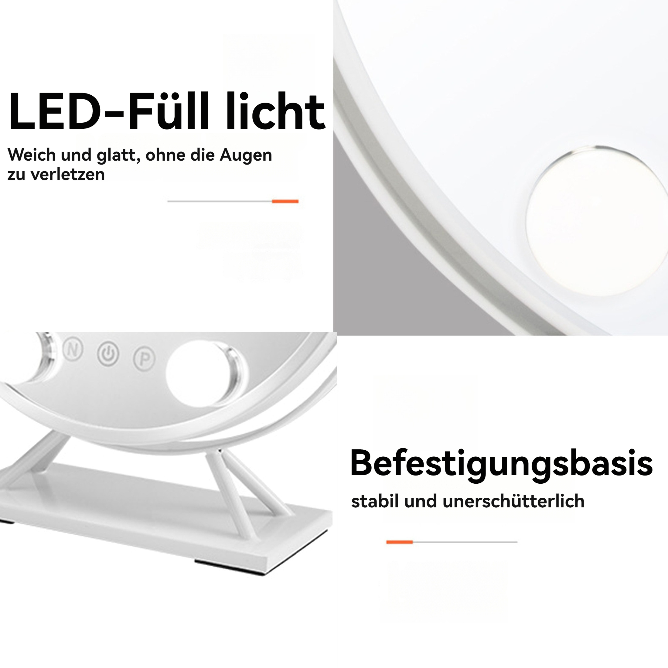 Nahaufnahme eines weißen Schminkspiegels mit Lichtdetails und der Basis. Textbeschriftungen sind vorhanden.