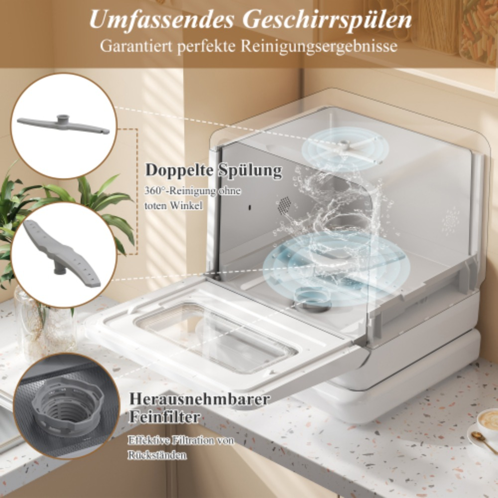 Ein weißer Geschirrspüler. Das Bild zeigt das Innere des Geschirrspülers und einige Komponenten. Der Text ist auf Deutsch.