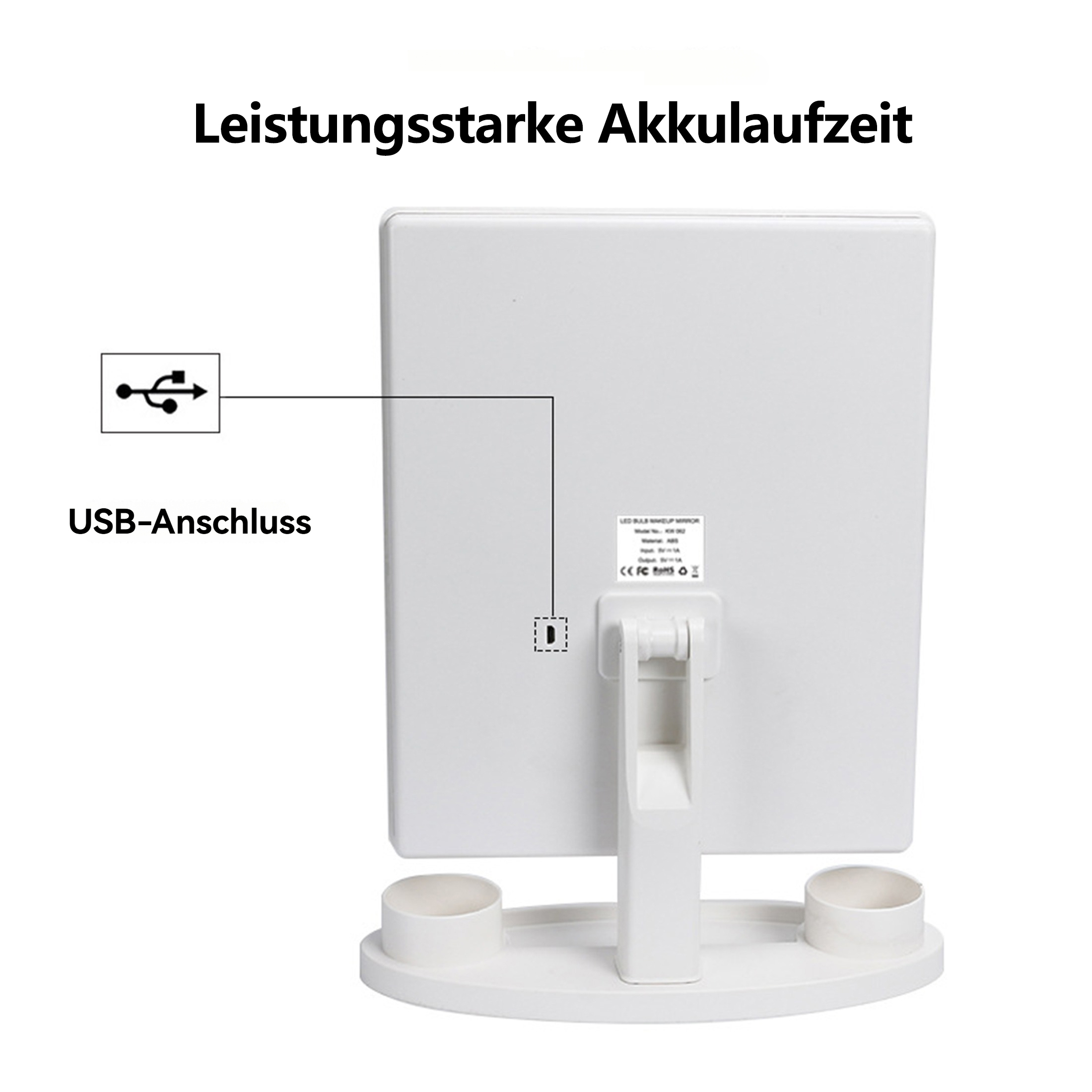 Die Rückseite eines weißen Schminkspiegels mit USB-Anschluss und Ständer mit zwei kleinen Haltern.