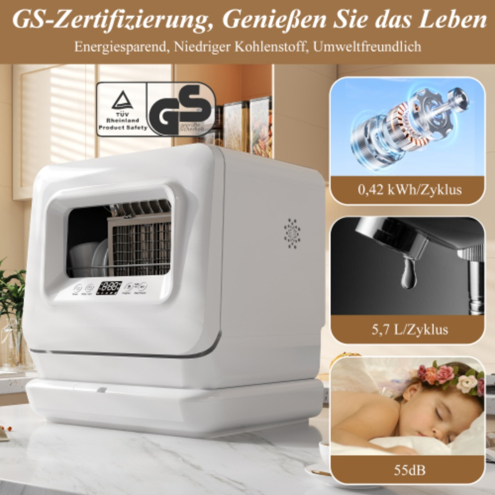 Ein weißer Geschirrspüler mit Logos und technischen Daten. Bilder eines Motors, Wassertropfens und eines schlafenden Kindes werden gezeigt.