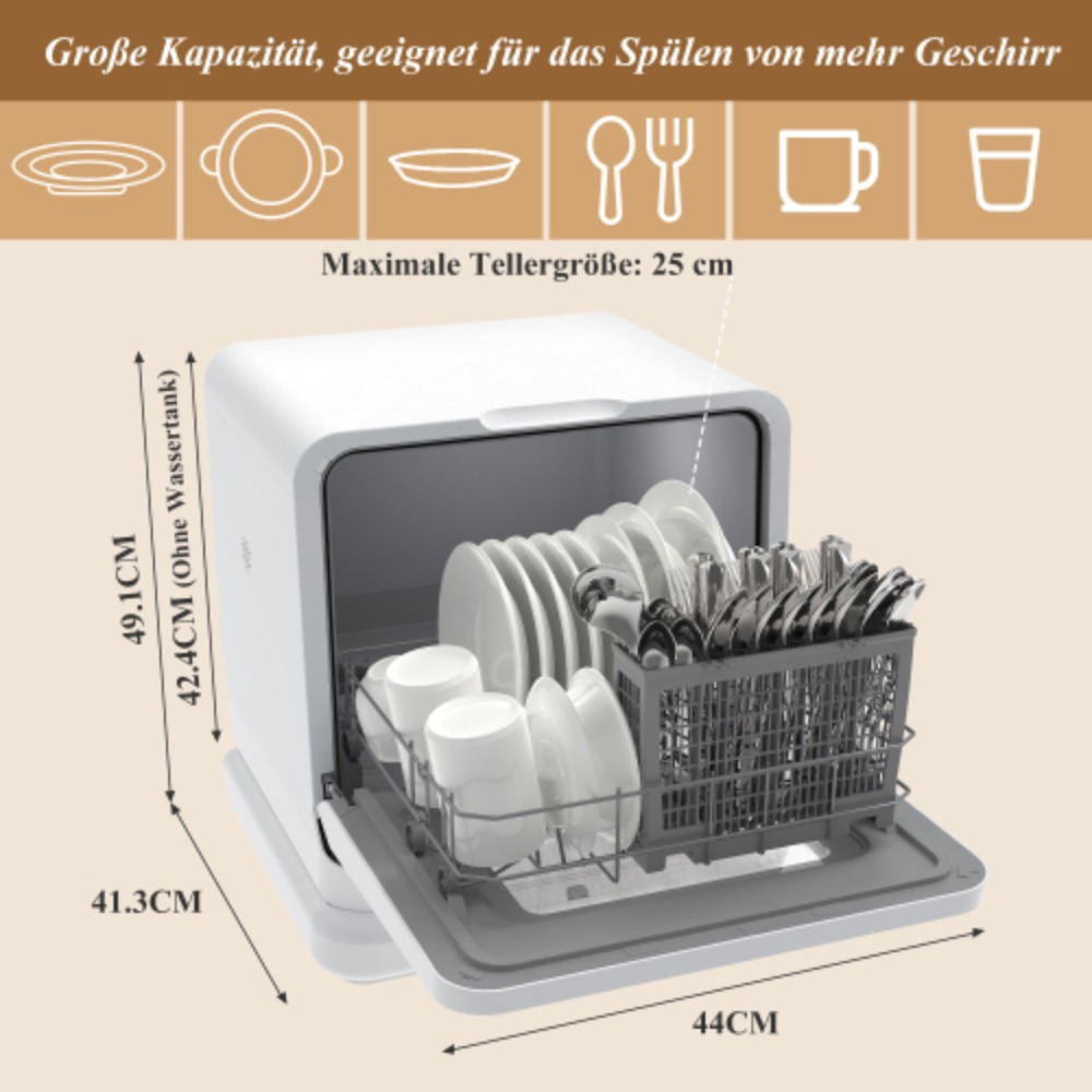 Ein kleiner weißer Geschirrspüler mit geöffneter Tür, der Geschirr und Besteck im Inneren zeigt. Abmessungen sind beschriftet.