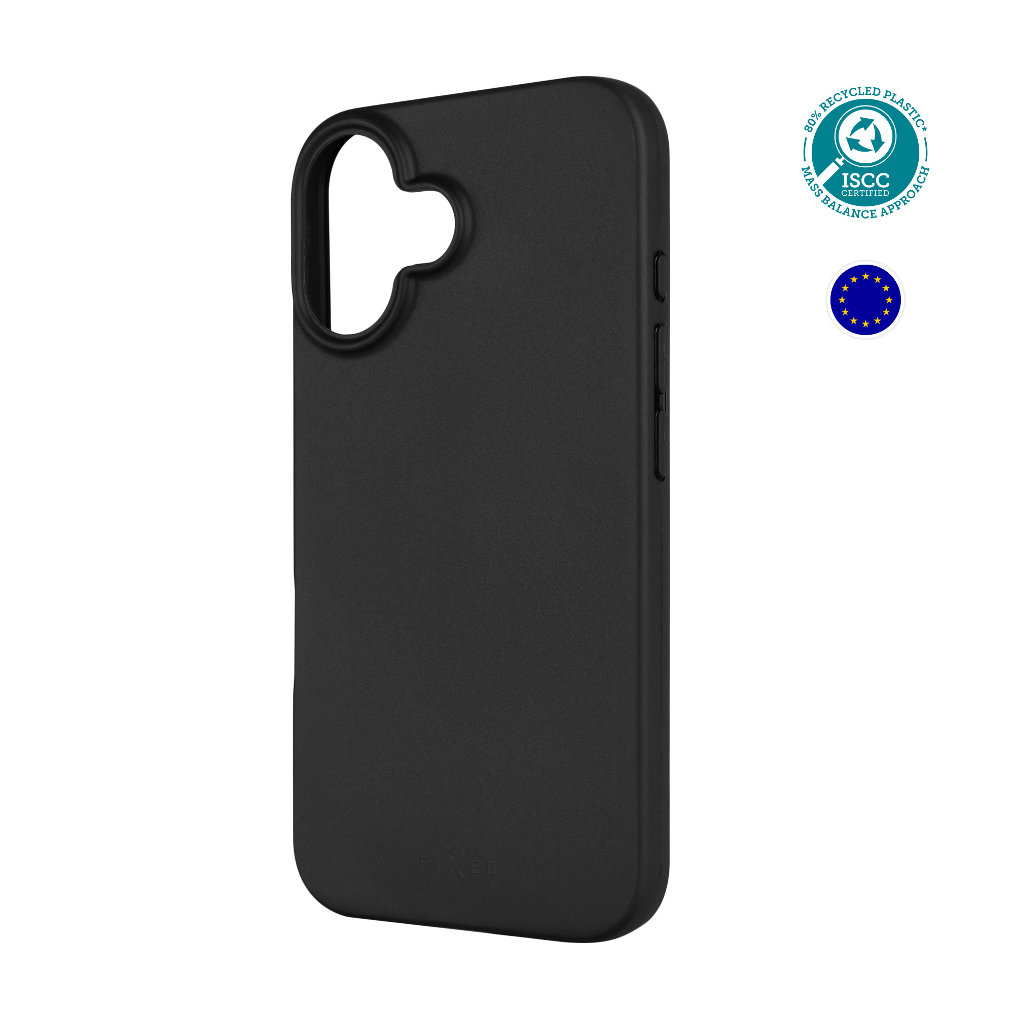 Eine schwarze Handyhülle mit Ausschnitt für die Kamera und einigen Logos. Es ist auf weißem Hintergrund.