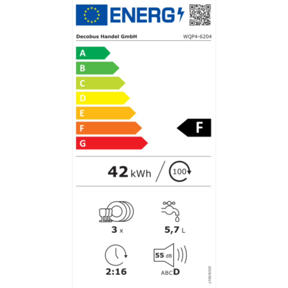 Energielabel: A-G-Skala, F hervorgehoben. Zeigt Energieverbrauch, Wasserverbrauch und Geräuschpegel.