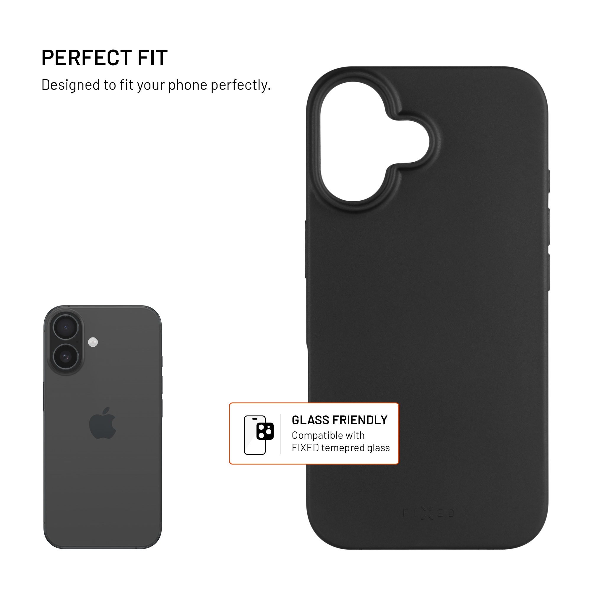 Zwei Telefone und eine schwarze Handyhülle, die perfekte Passform, Glasfreundlichkeit und recycelten Kunststoff hervorheben.
