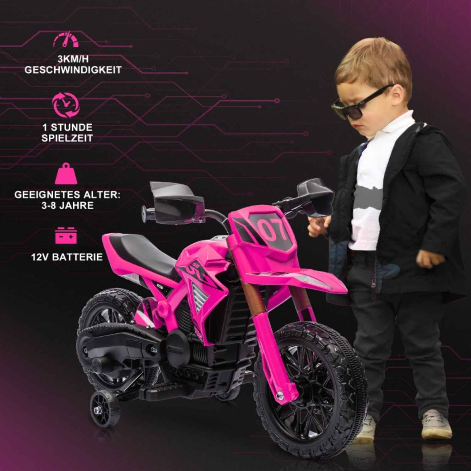 Ein kleiner Junge mit Sonnenbrille steht neben einem rosa Spielzeugmotorrad, mit Textbeschriftungen darum.