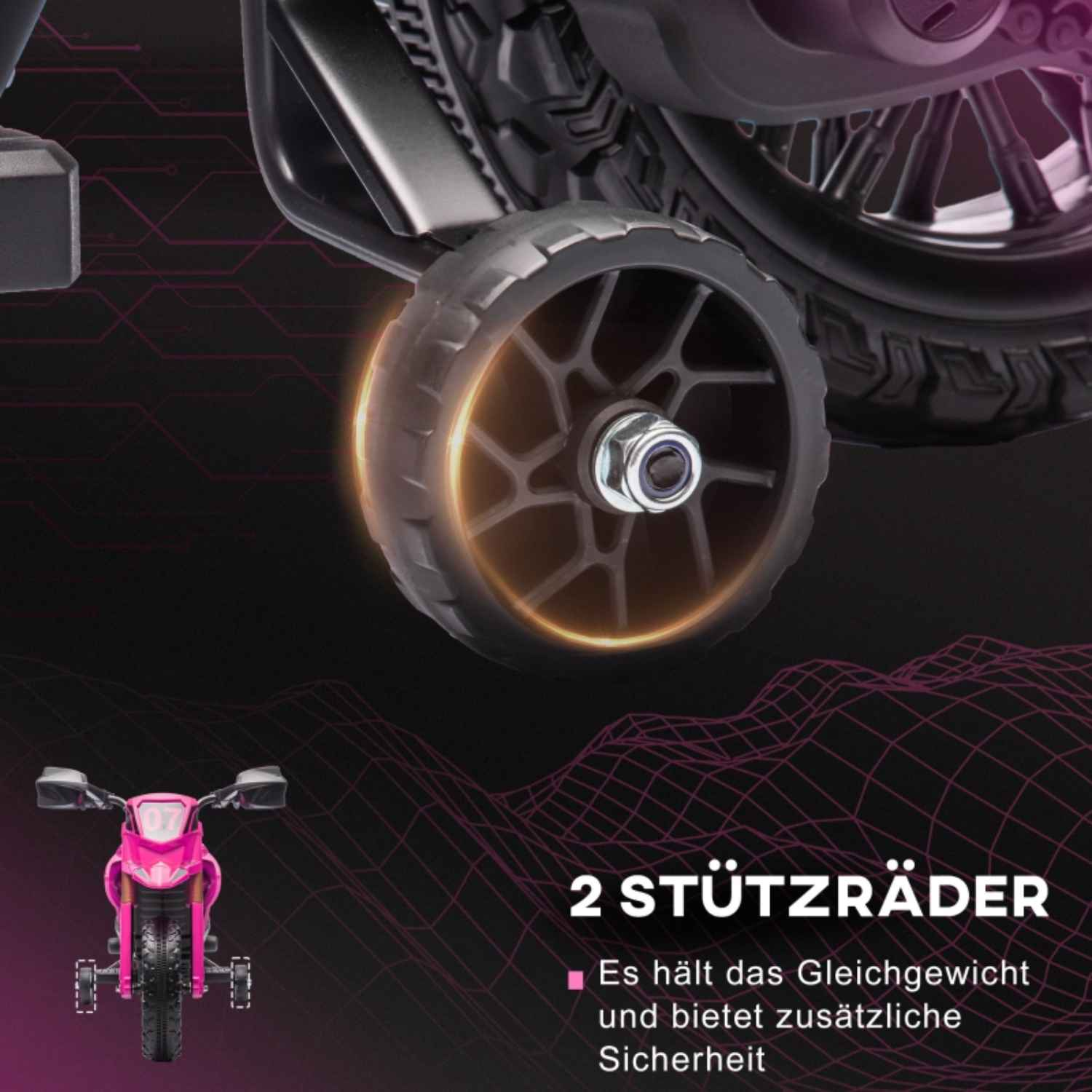 Rosa Spielzeugmotorrad mit Stützrädern. Text: 2 STÜTZRÄDER (2 Stützräder).