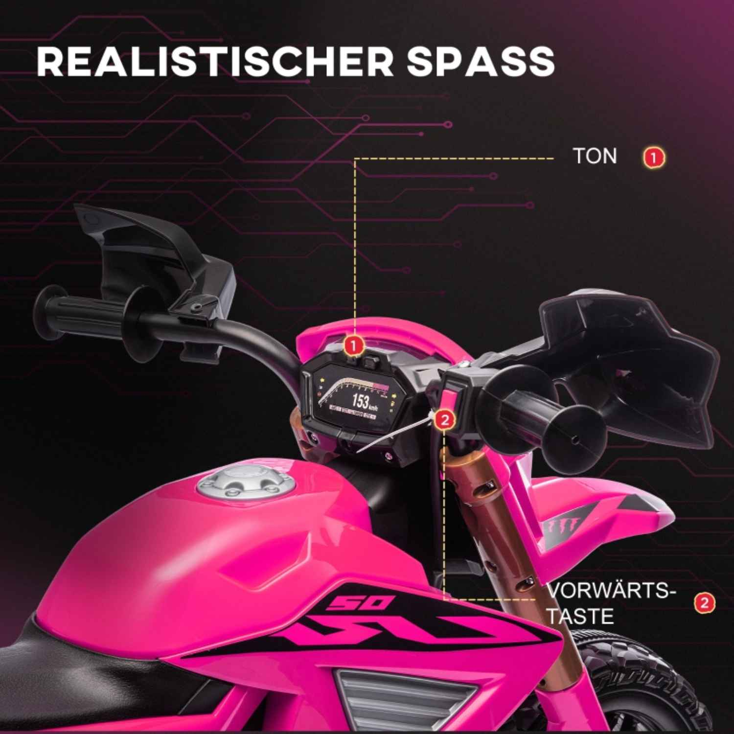 Rosa Spielzeugmotorrad mit Text und Beschriftungen. Text: REALISTISCHER SPASS, VORWÄRTS-TASTE, TON.