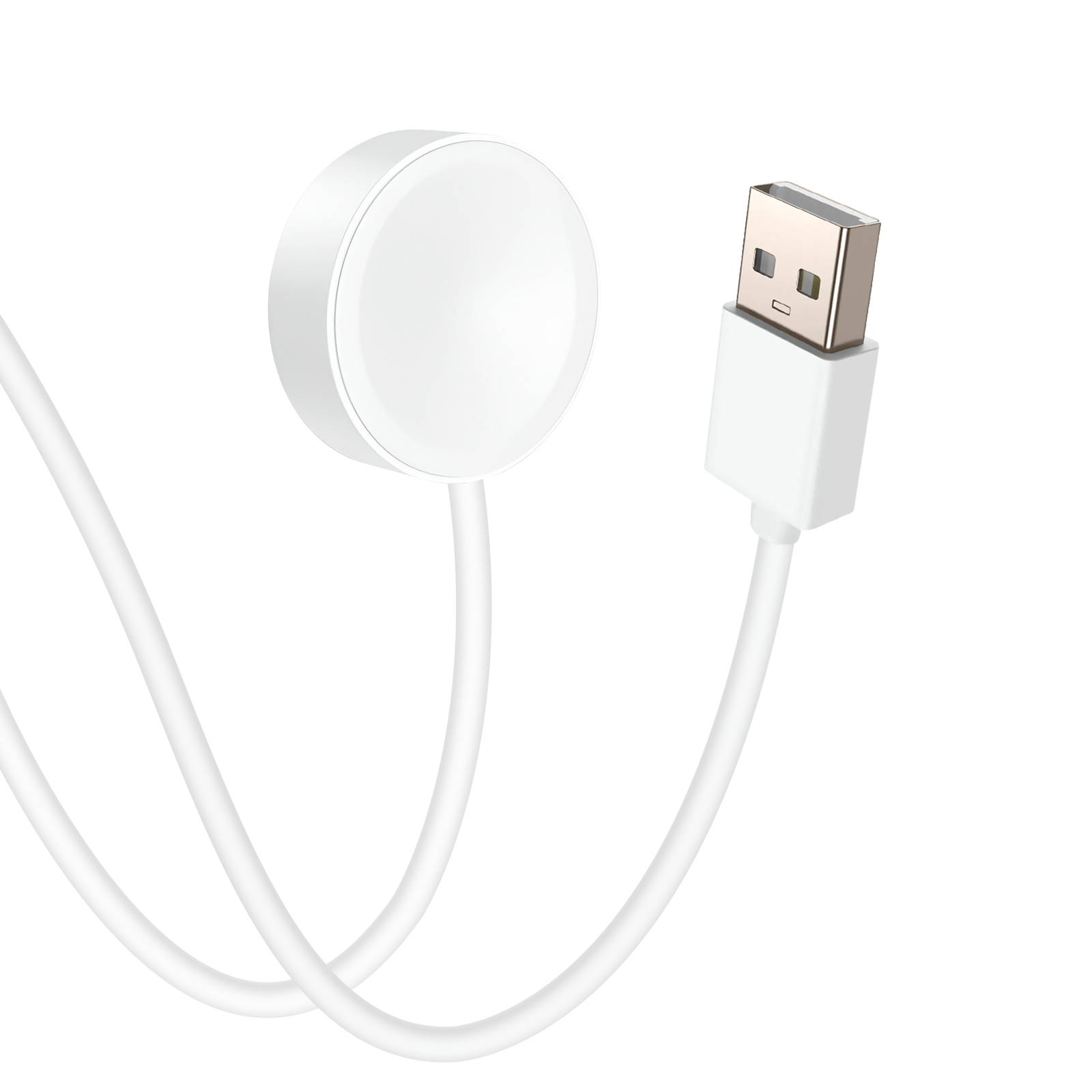 Caricabatterie per orologi bianco con base di ricarica magnetica circolare e spina USB.