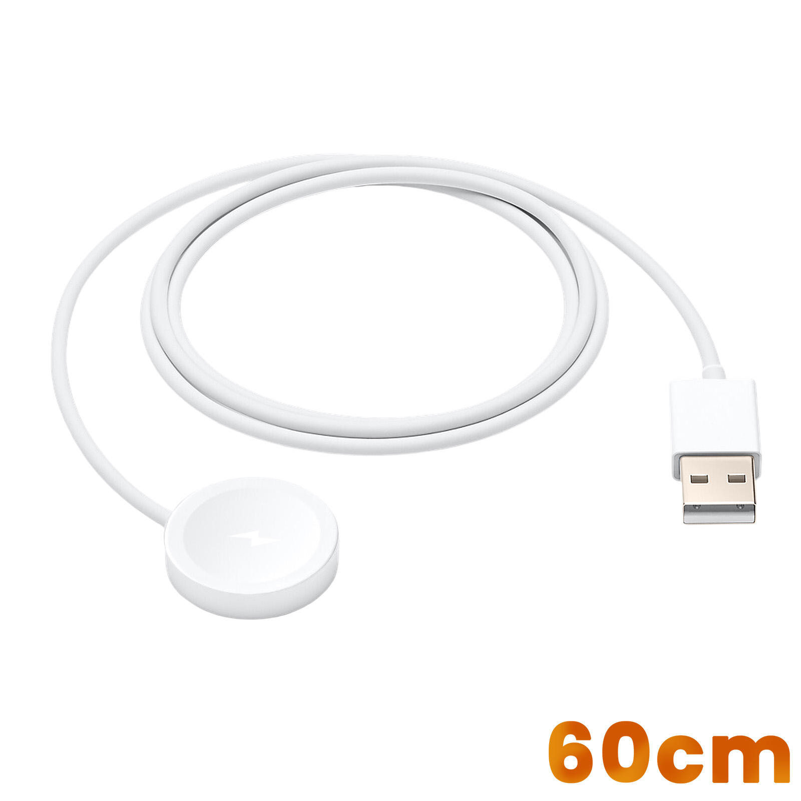 Un caricabatterie per orologi bianco con base di ricarica circolare e spina USB. Lunghezza del cavo: 60 cm.