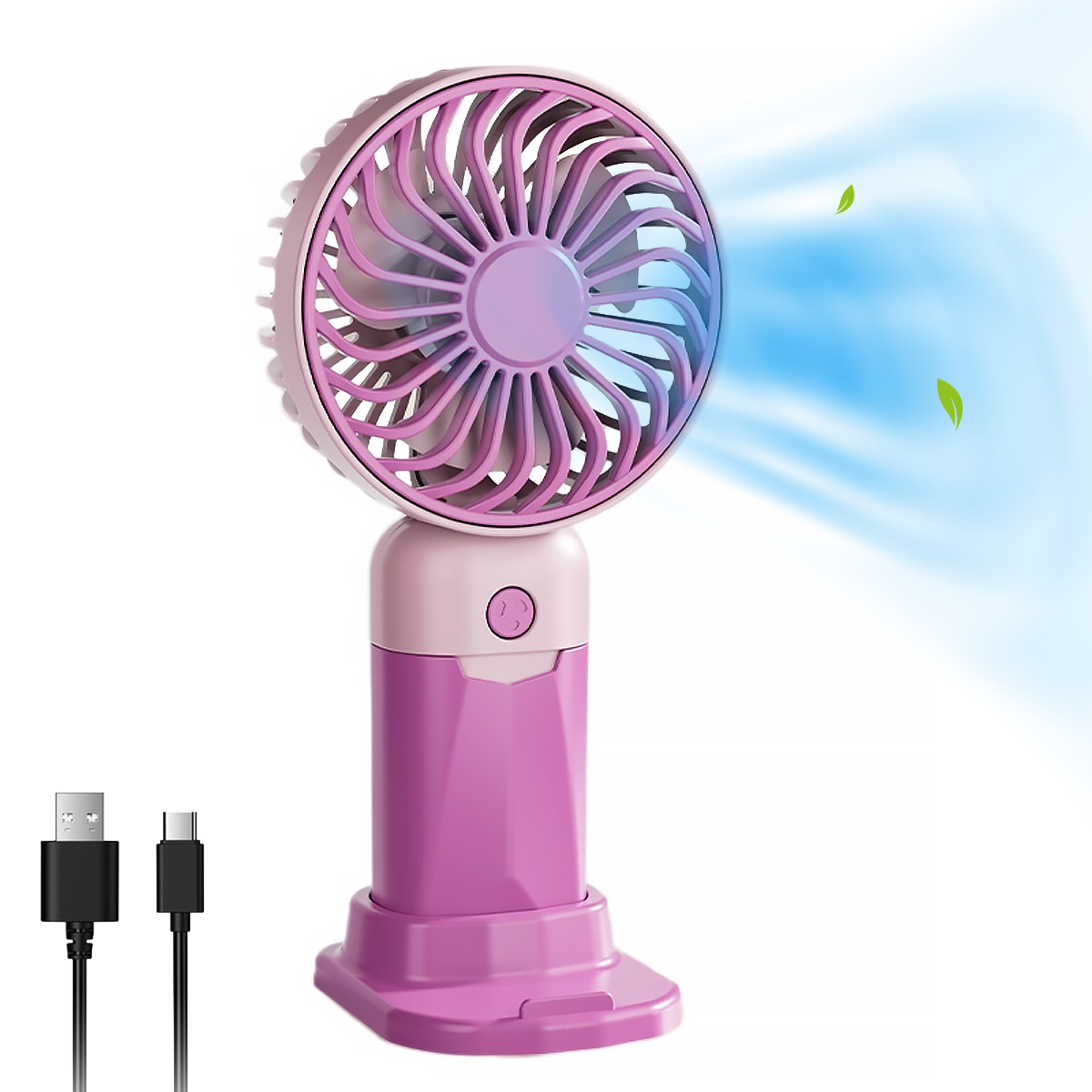 Ein rosa-weißer tragbarer Ventilator mit blauem Luftstrom und zwei USB-Kabeln.