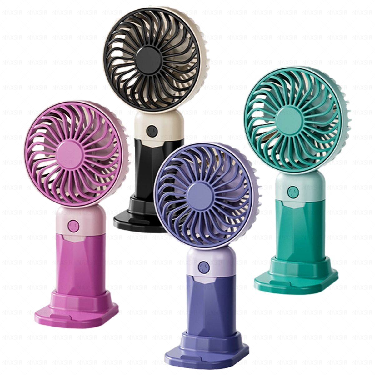 Fünf kleine tragbare Ventilatoren in verschiedenen Farben. Lila, Rosa, Grün und Beige. Sie stehen auf einer weißen Oberfläche.