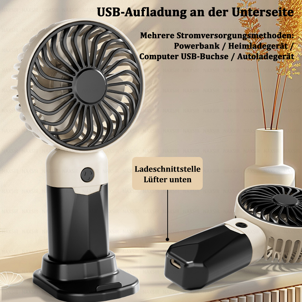 Ein schwarz-weißer Ventilator mit Text auf Deutsch über USB-Aufladung.