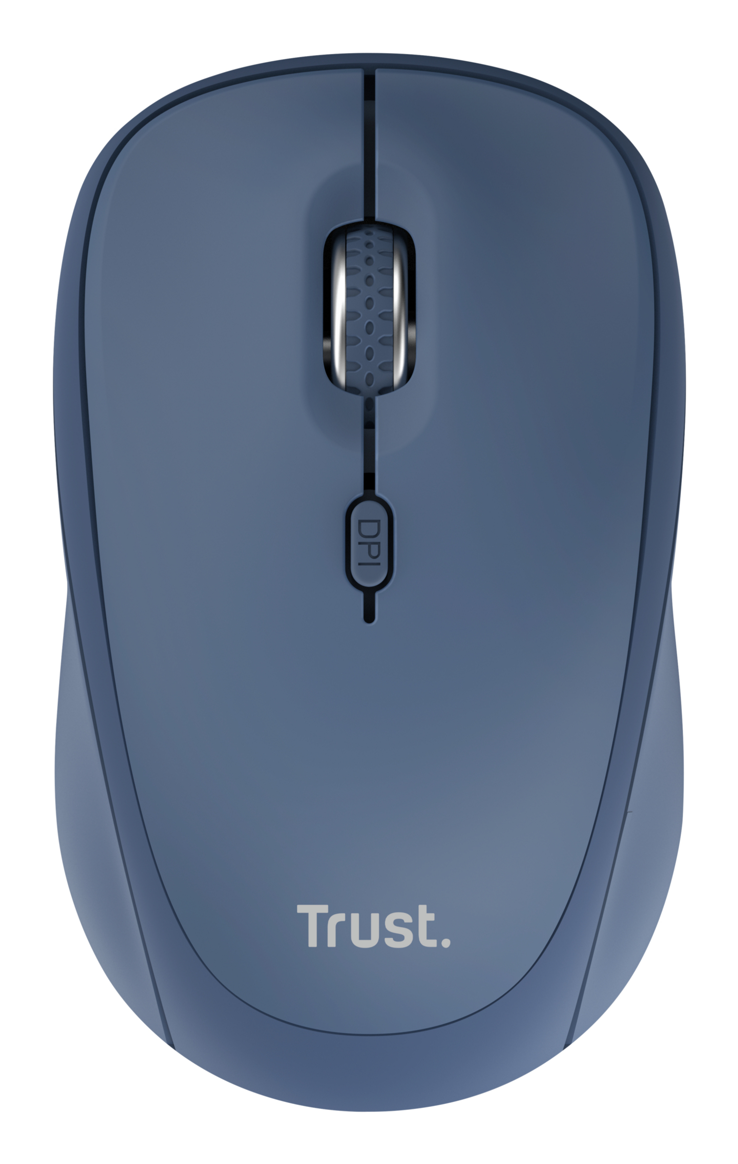 Niebieska mysz komputerowa, widok z góry, na białym tle. Ma kółko przewijania i przycisk DPI.