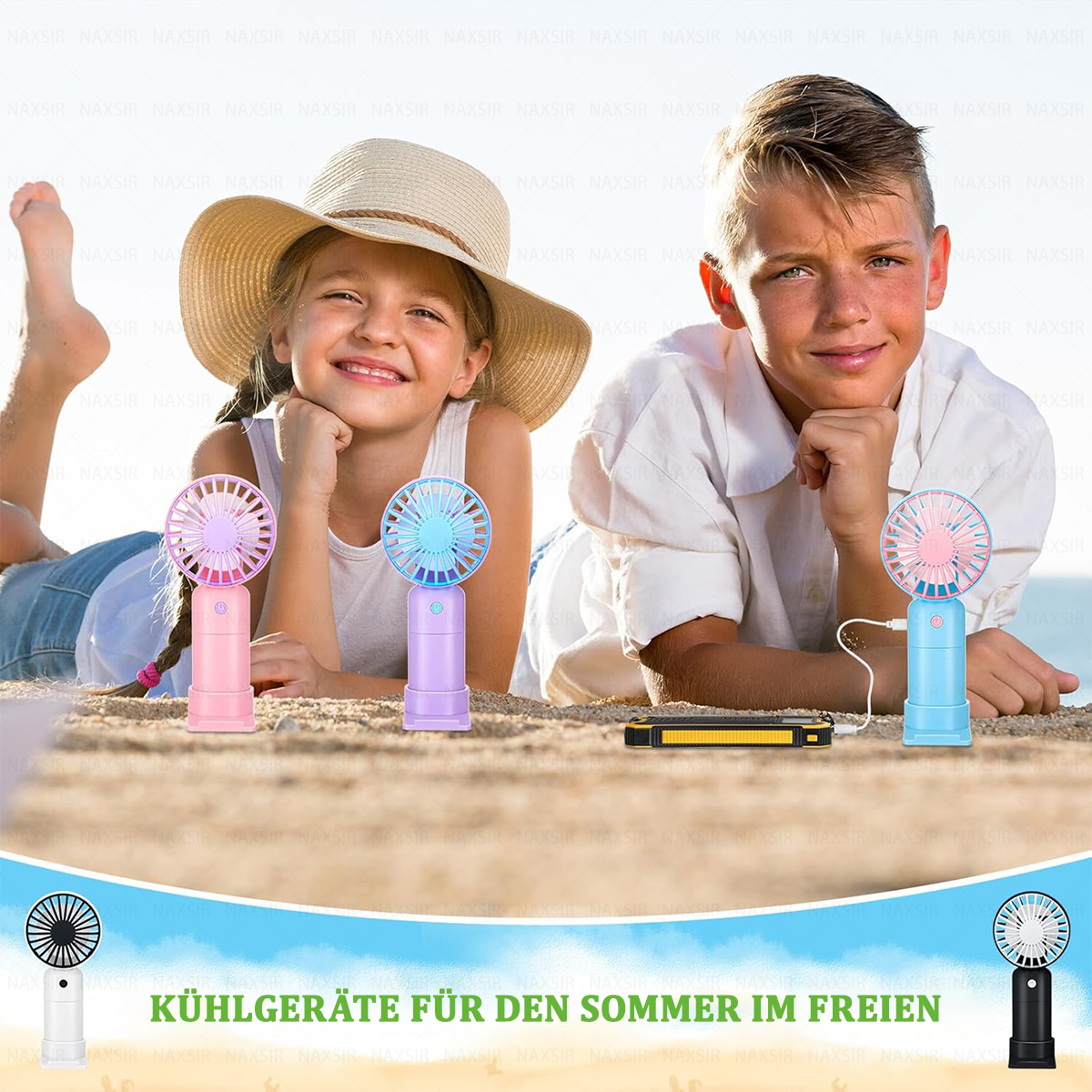 Zwei Kinder am Strand mit drei Mini-Ventilatoren. Ein schwarz-weißer Ventilator wird unten gezeigt.