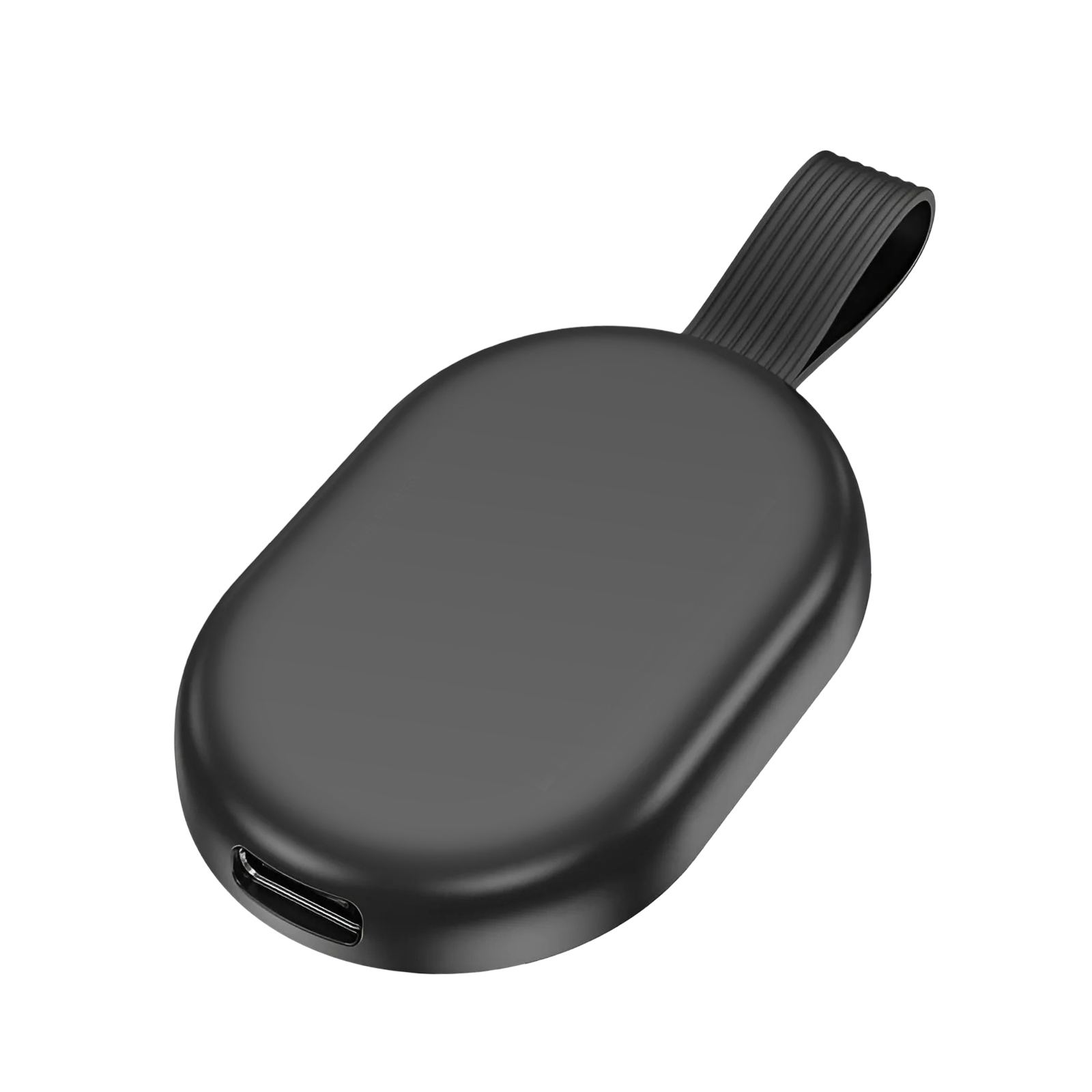 Ein schwarzes Ladegerät mit Riemen und einem USB-C-Anschluss an der Unterseite. Es hat eine glatte, ovale Form.