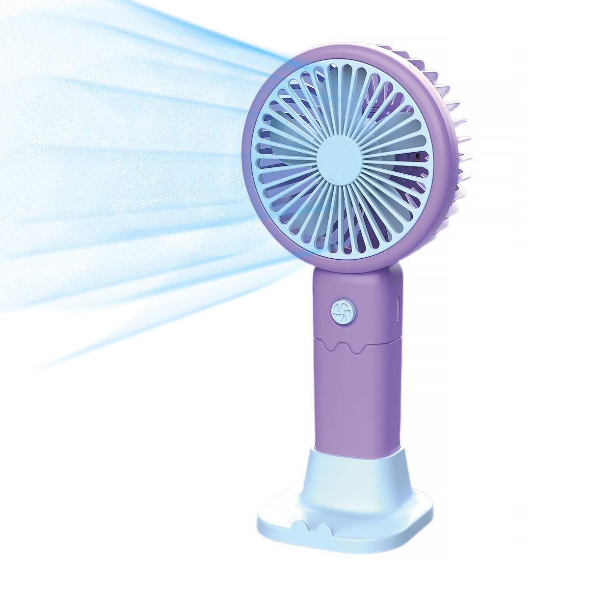 Ein lila Handventilator, der Luft nach links bläst, mit weißem Hintergrund.