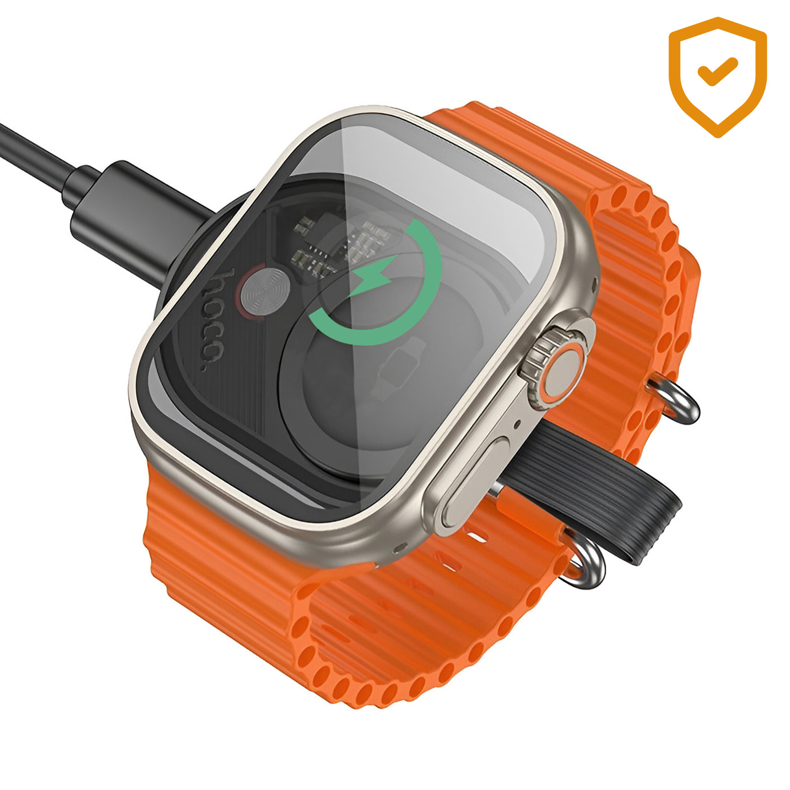Eine Smartwatch, die auf einem orangefarbenen Armband aufgeladen wird, mit einem Ladesymbol auf dem Zifferblatt.