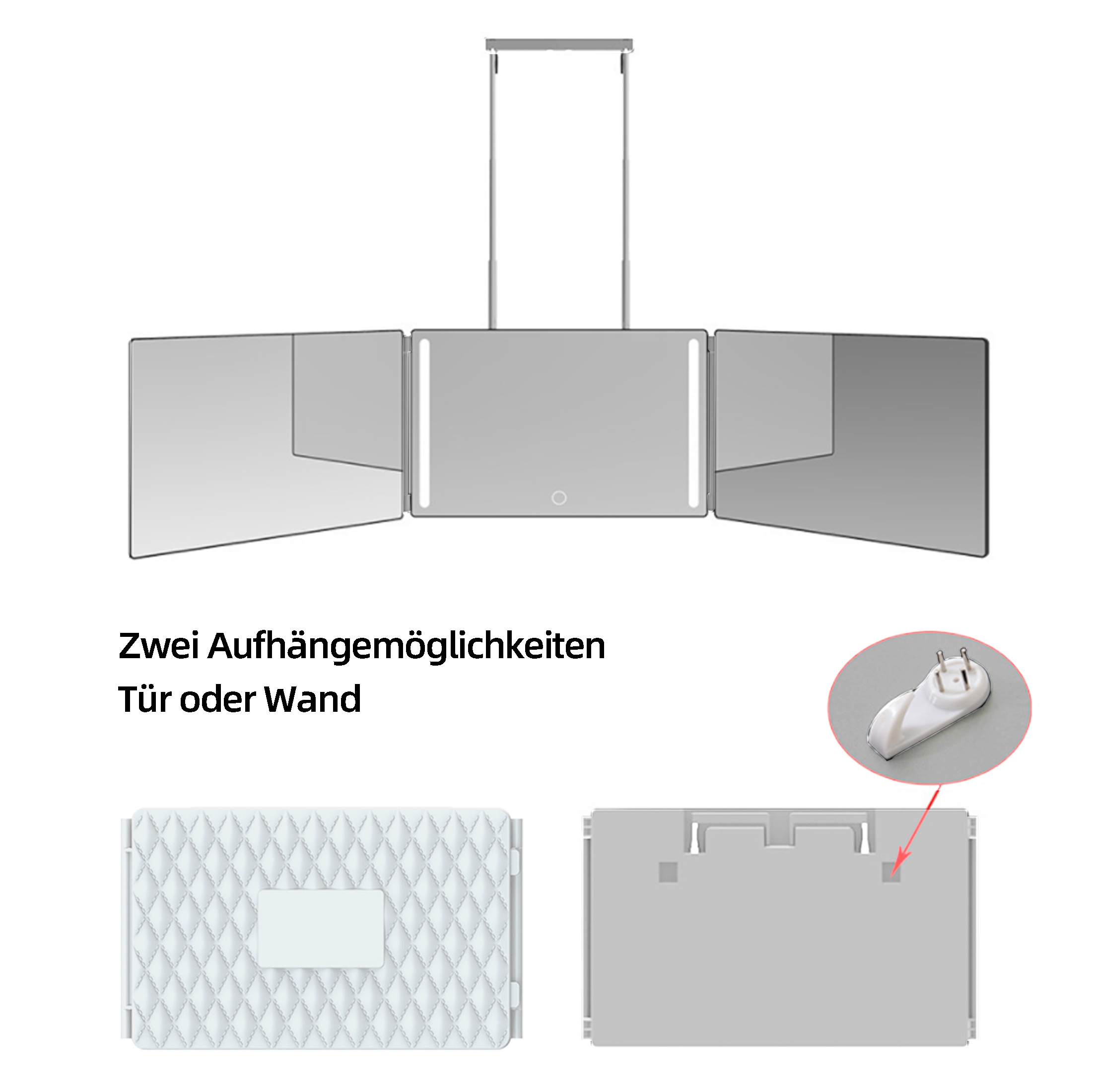 Klappspiegel mit mehreren Paneelen mit zwei Aufhängungsoptionen und Haken.