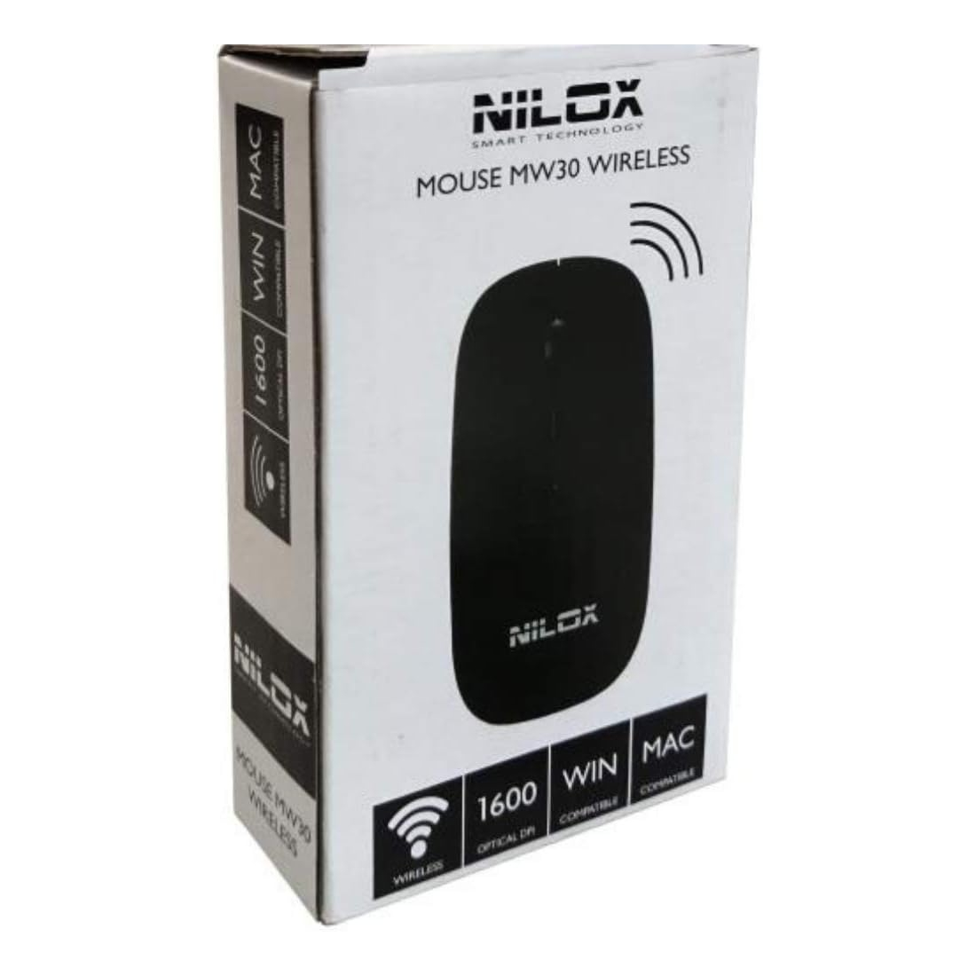 Un mouse per computer nero in una scatola con il logo Nilox e le informazioni sul prodotto.