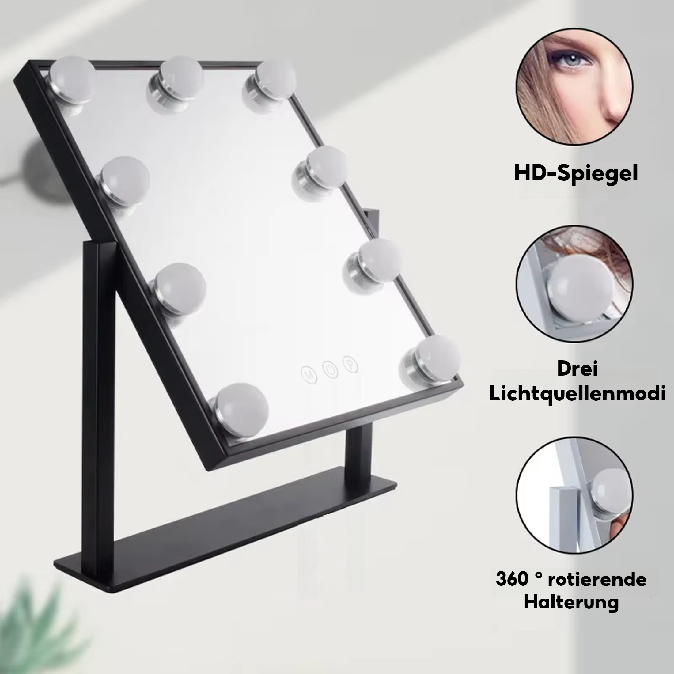 Ein schwarzer Schminkspiegel mit Lichtern. Er hat einen rechteckigen Spiegel mit Lichtern.